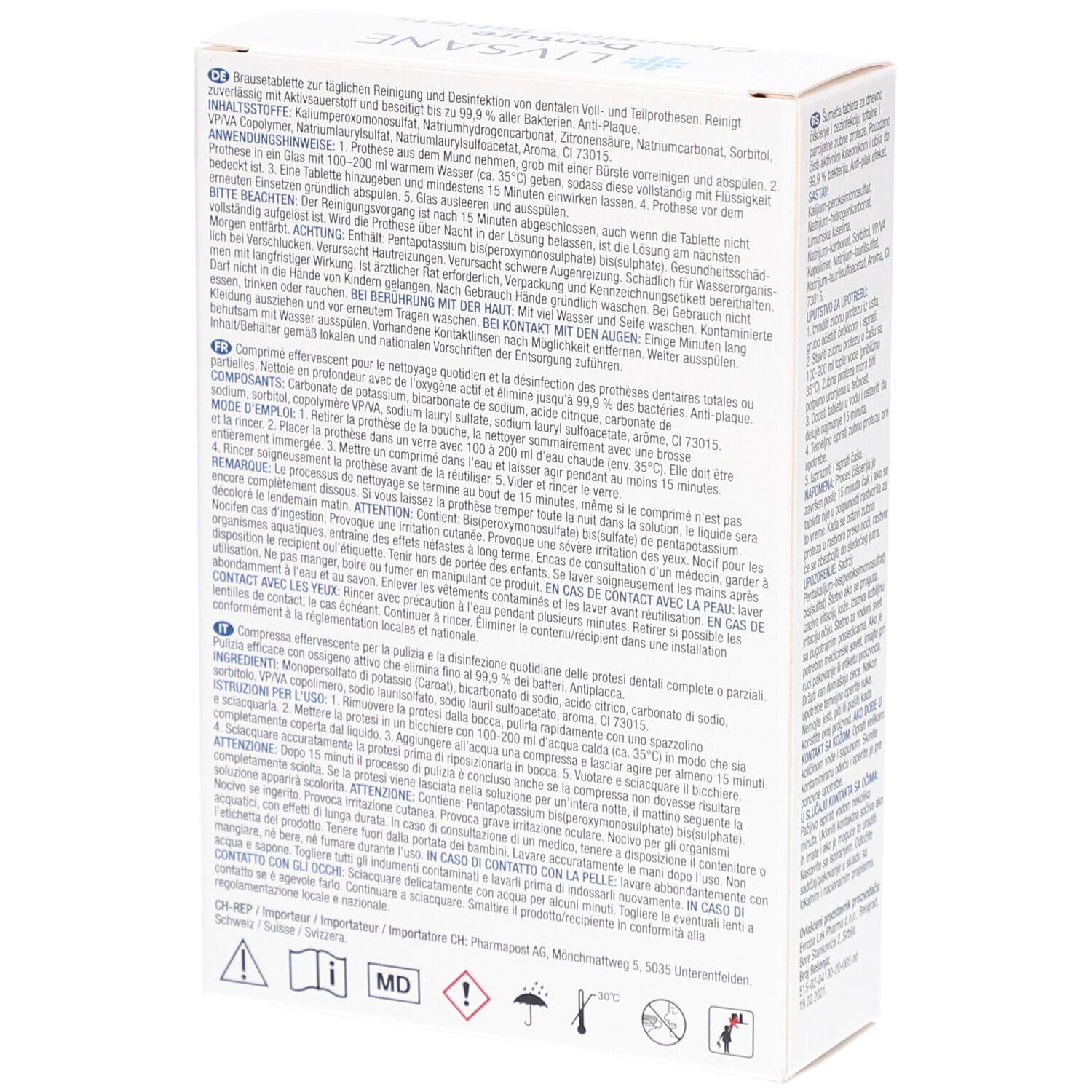 Dos de la boîte blanche avec texte multilingue. Contient des informations sur les ingrédients et l'utilisation.