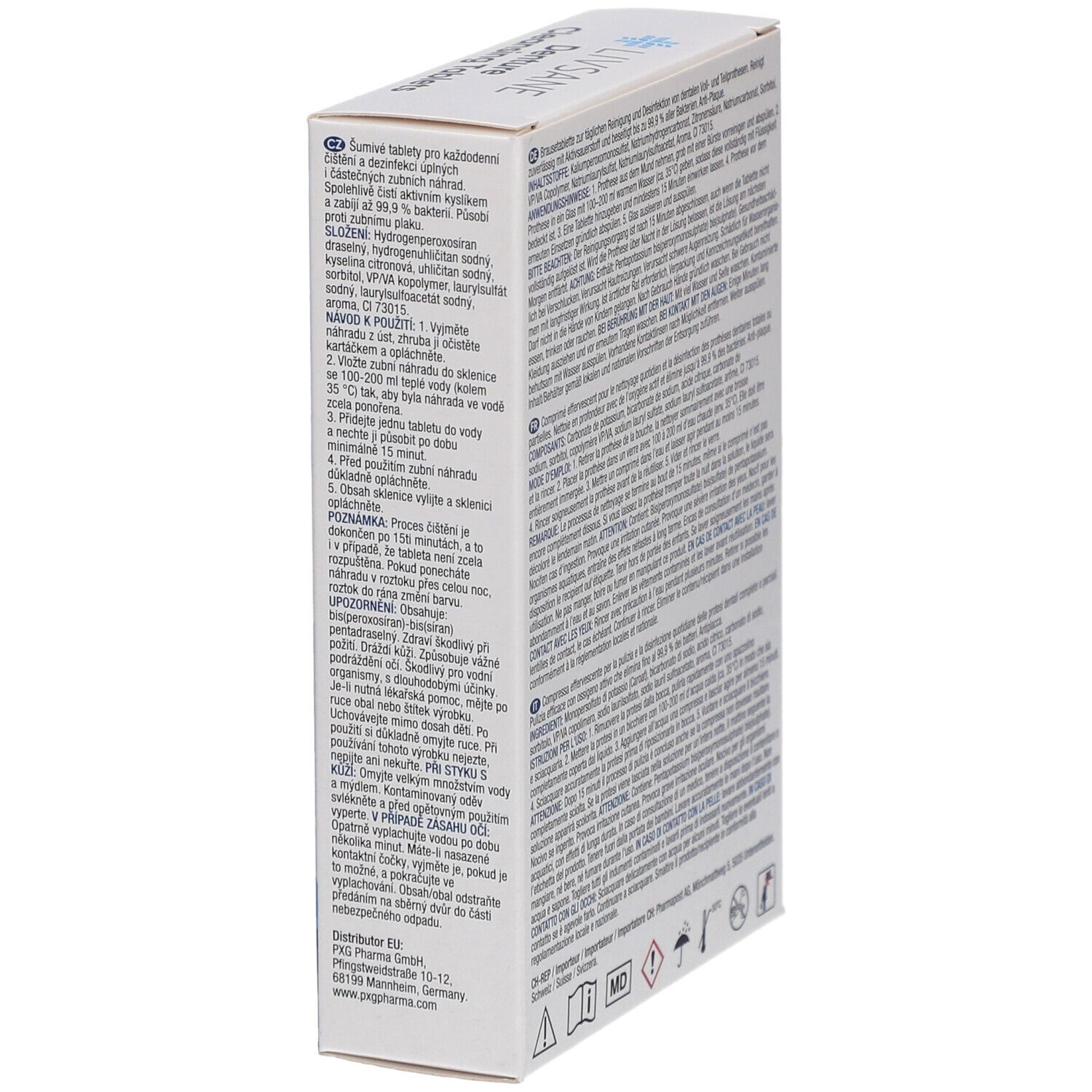 Boîte avec texte multilingue. Contient des informations sur les ingrédients et l'utilisation. Avec symboles.
