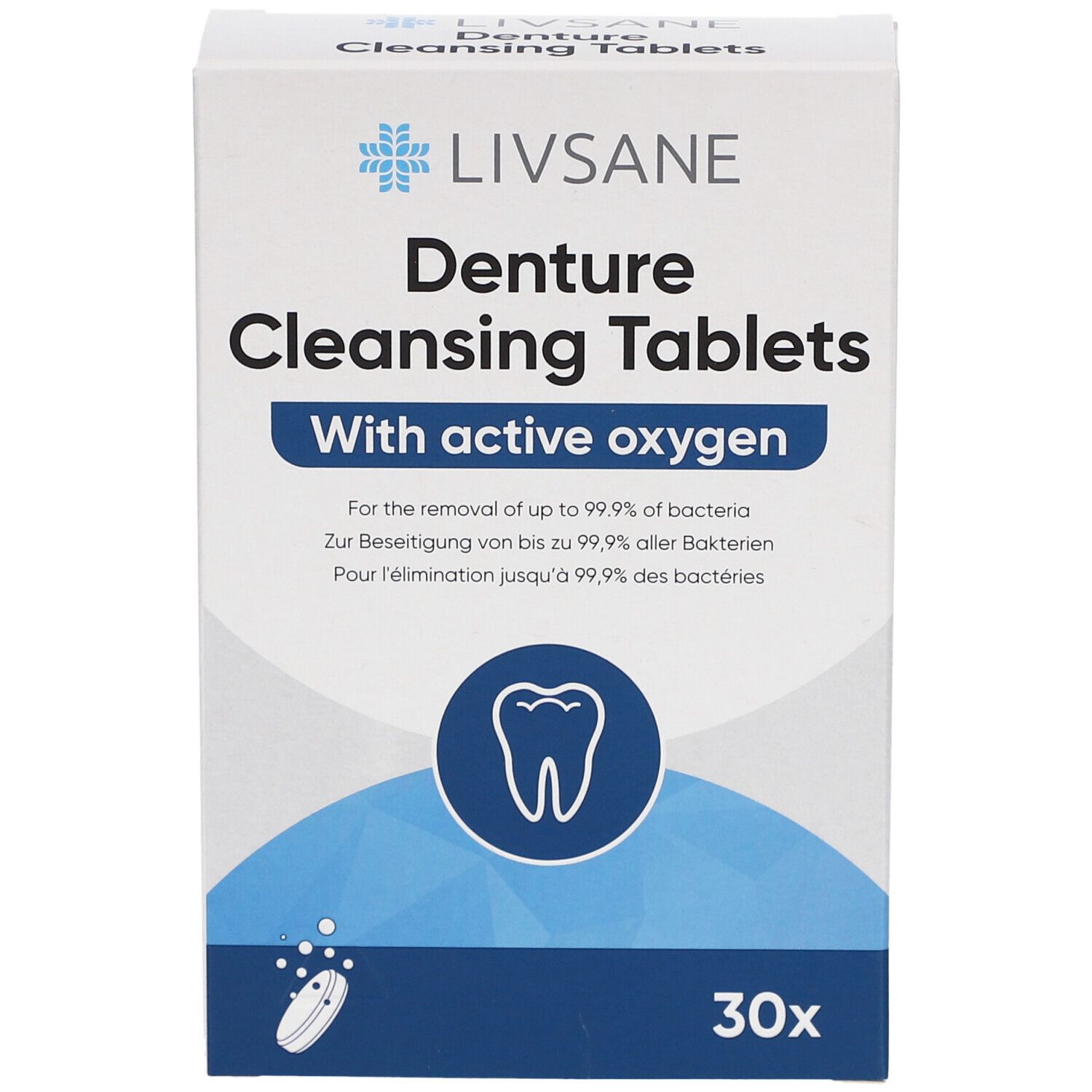 Boîte blanche "LIVSANE Denture Cleansing Tablets". Contient 30 comprimés. Avec oxygène actif.