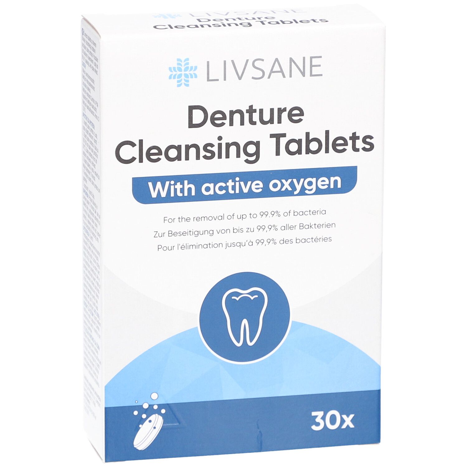 Boîte blanche "LIVSANE Denture Cleansing Tablets". Contient 30 comprimés. Avec oxygène actif.