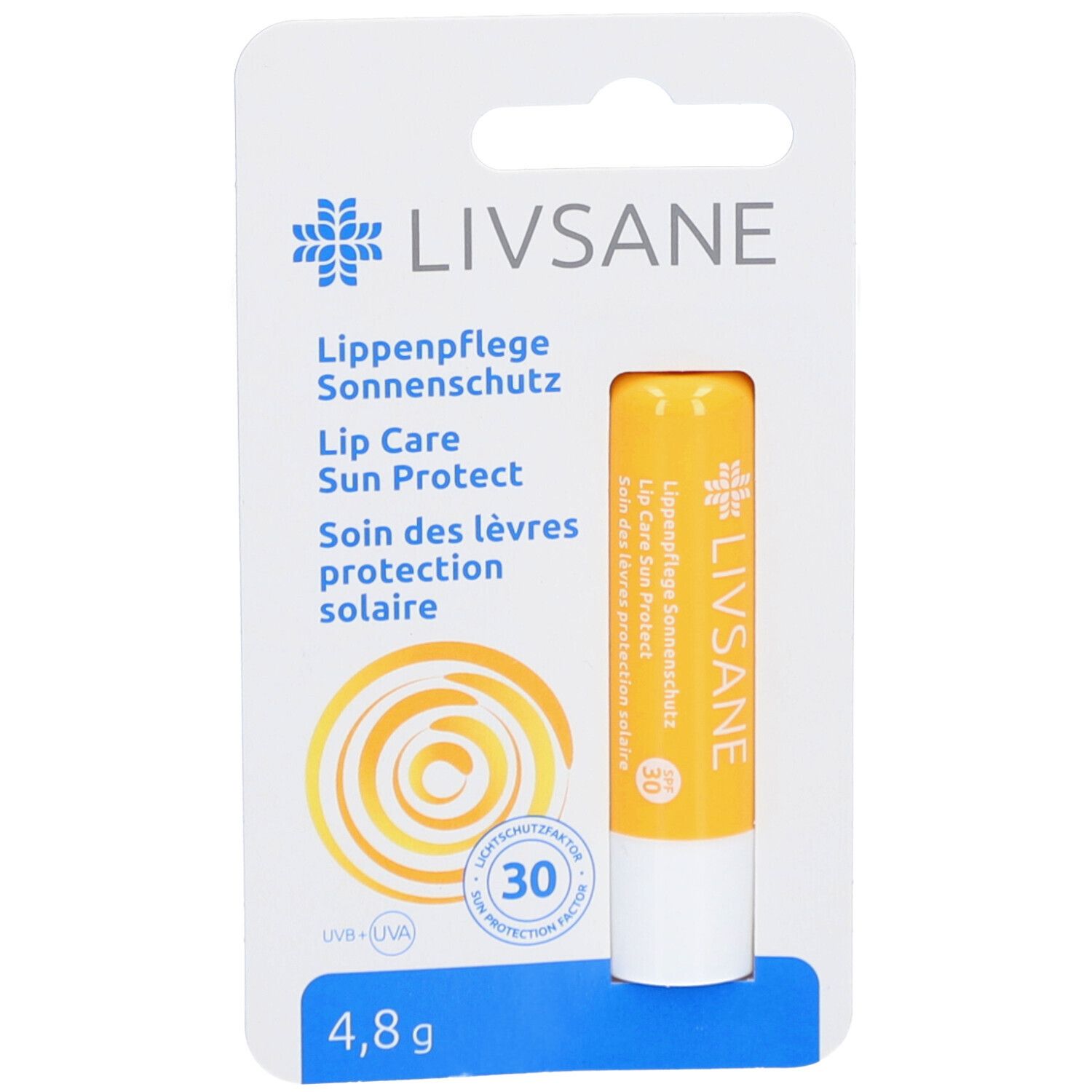 LIVSANE Lippenpflege Sonnenschutz. Stick de soin des lèvres jaune. Emballage avec informations et facteur de protection solaire 30.
