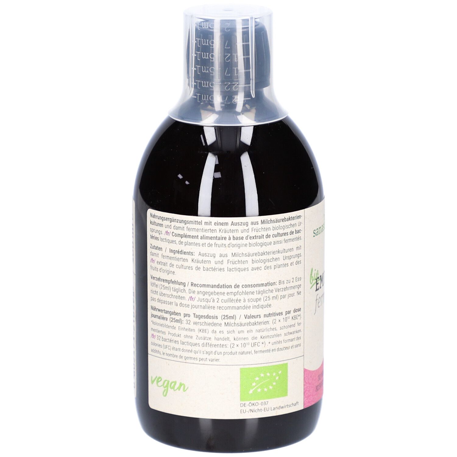Dos de la bouteille avec texte. Label vegan. Étiquette avec ingrédients et recommandations.