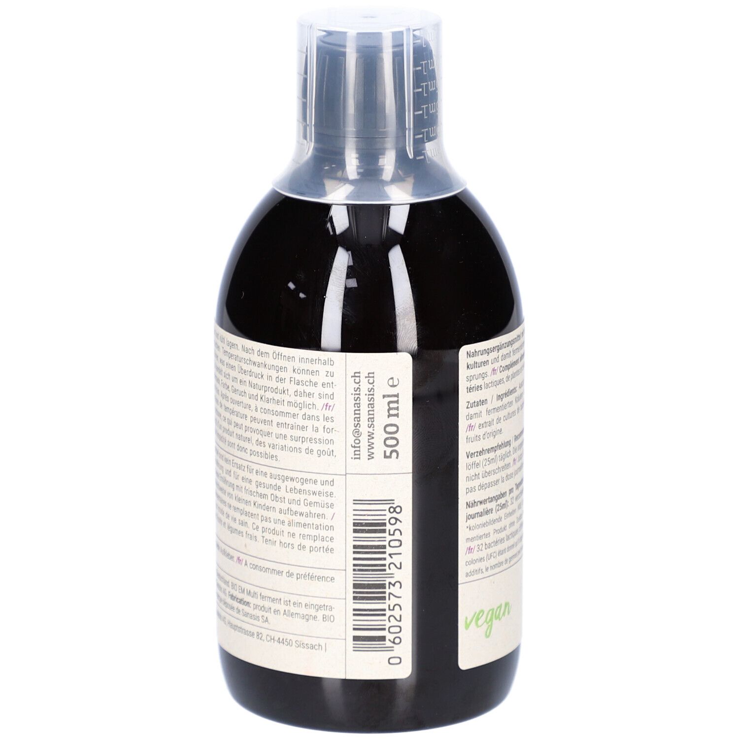 Dos de la bouteille avec texte et code-barres. Inscription: 500 ml e. Label vegan.