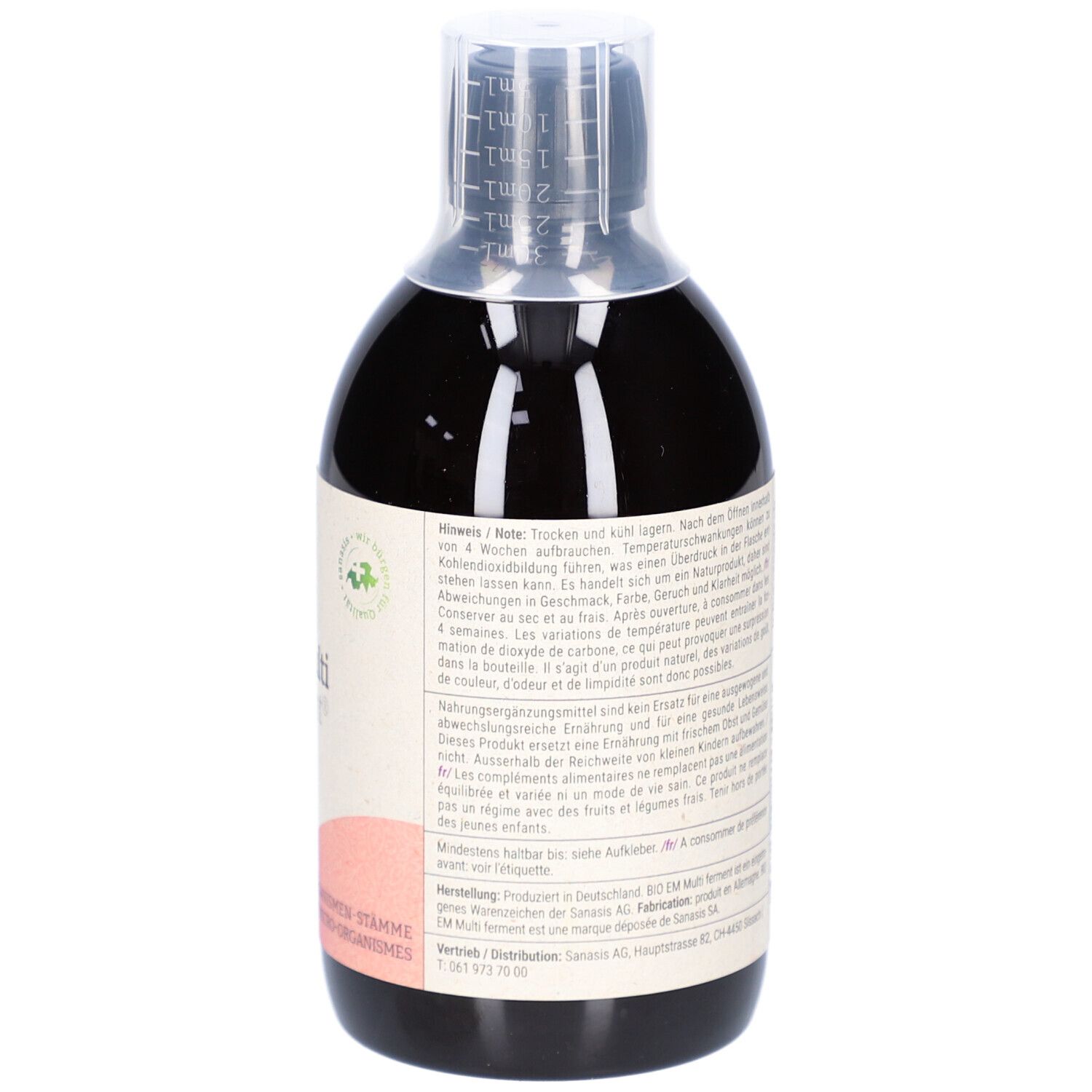 Dos de la bouteille avec texte. Label vegan. Étiquette avec ingrédients et recommandations.