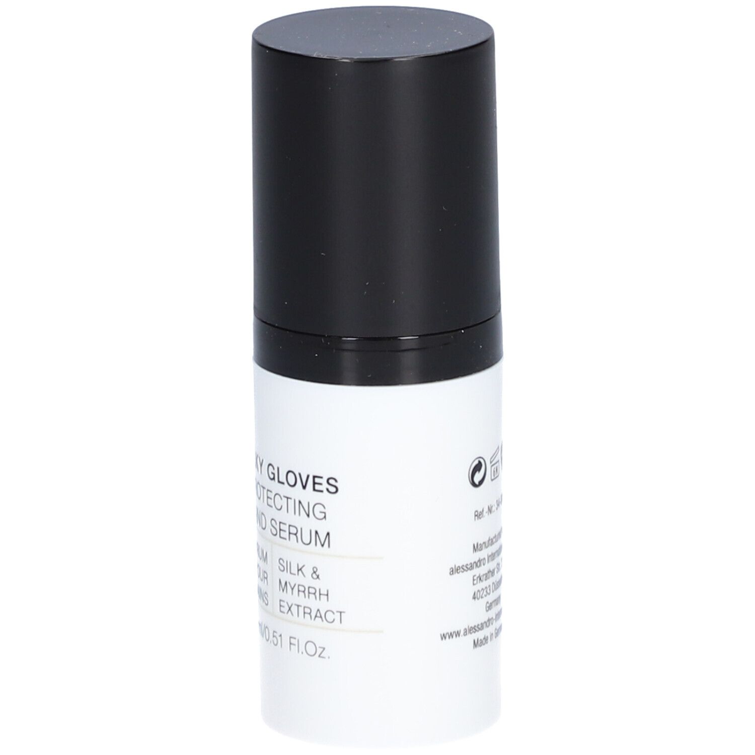 Flacon blanc et noir. Inscription: SILKY GLOVES PROTECTING HAND SERUM. Ingrédients.
