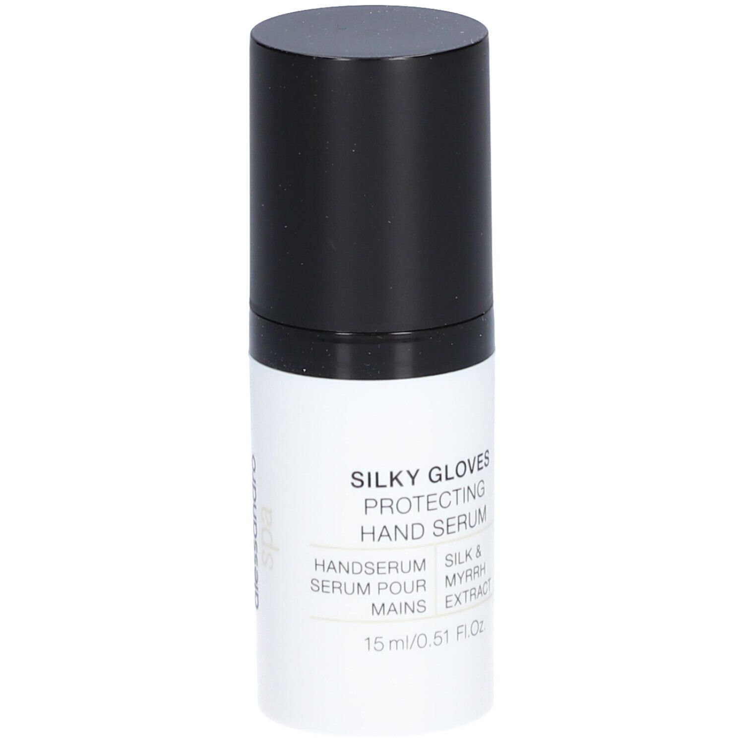 Flacon blanc et noir. Inscription: SILKY GLOVES PROTECTING HAND SERUM. 15 ml.