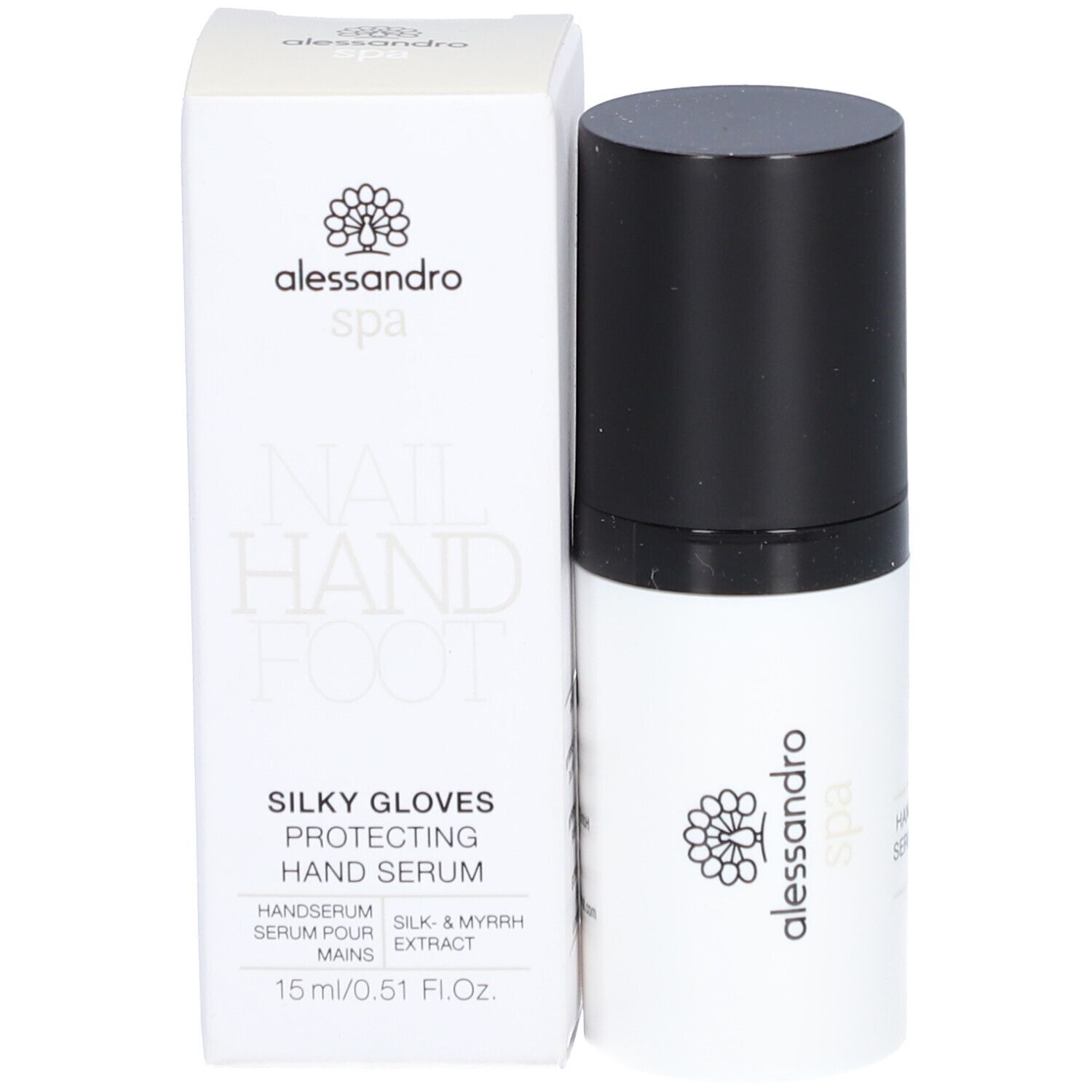 Boîte blanche et flacon noir. Inscription: alessandro spa, SILKY GLOVES PROTECTING HAND SERUM.