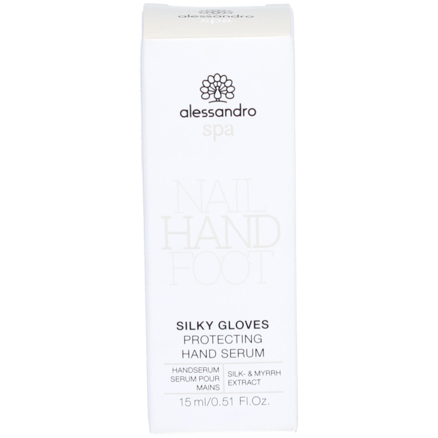 Boîte blanche. Inscription: alessandro spa, SILKY GLOVES PROTECTING HAND SERUM. 15 ml.