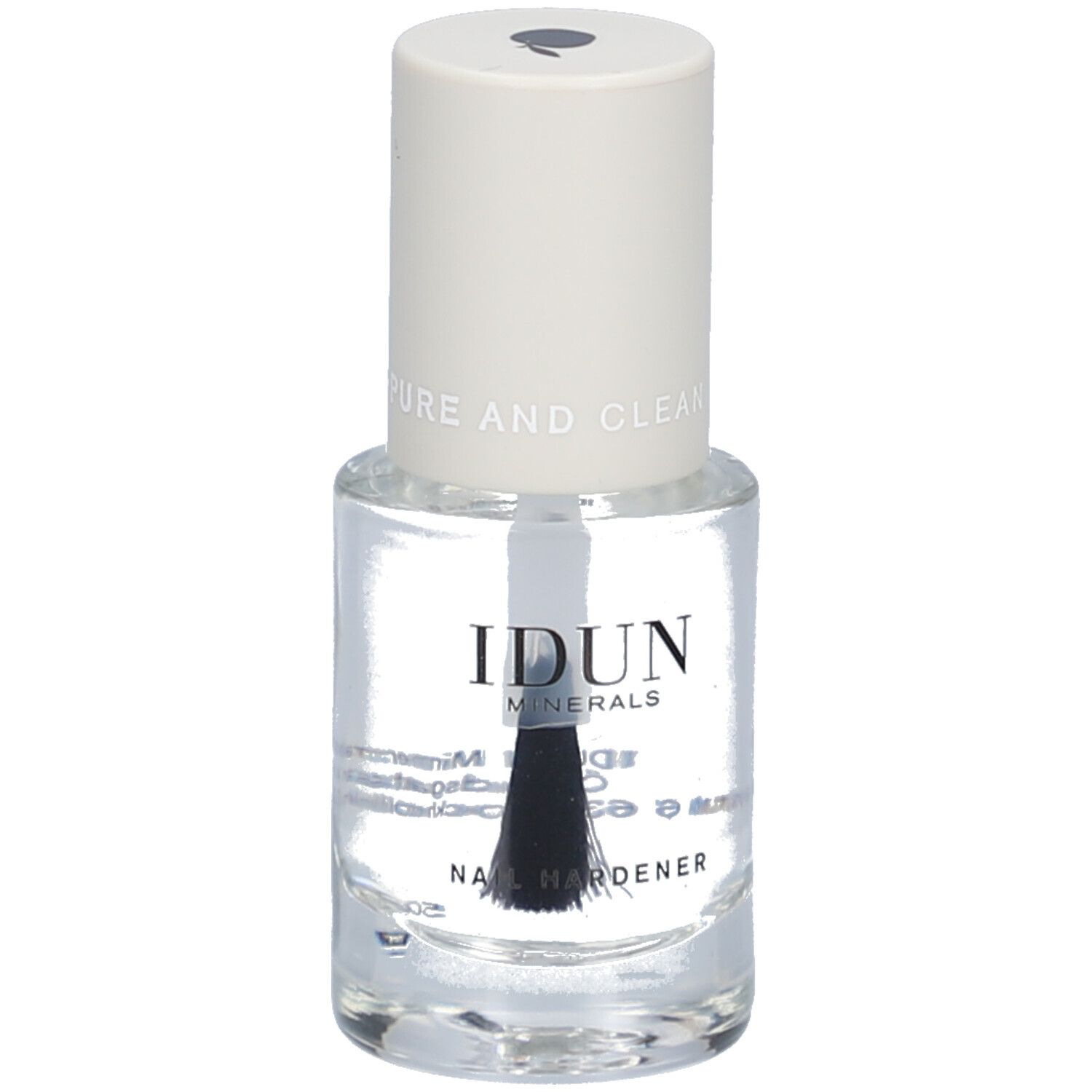 Flacon de durcisseur pour ongles transparent avec bouchon blanc. Inscription: IDUN Minerals, Nail Hardener. PURE AND CLEAN.
