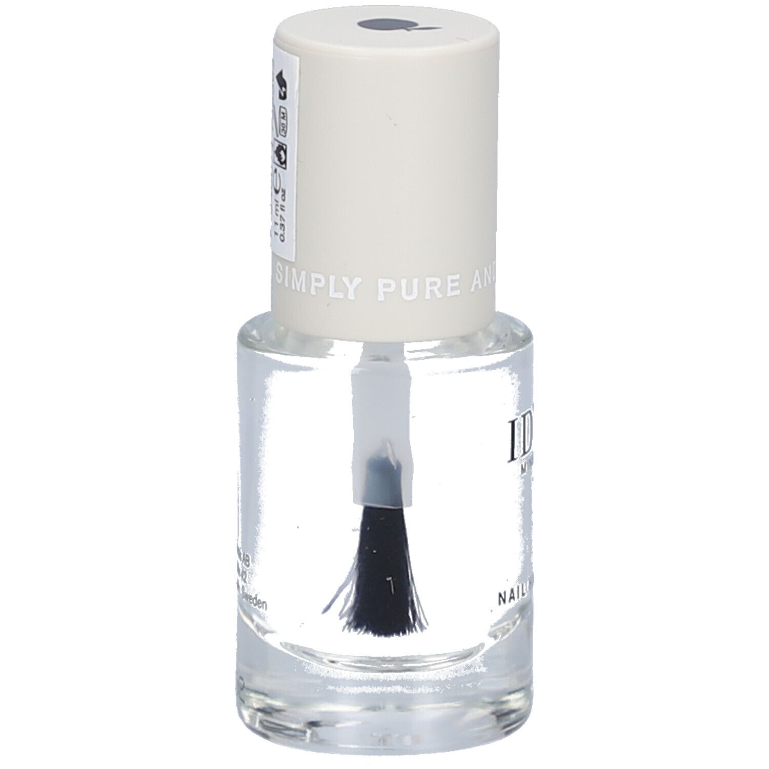 Flacon de durcisseur pour ongles transparent avec bouchon blanc. Inscription: IDUN Minerals, Nail Hardener. SIMPLY PURE AND CLEAN.