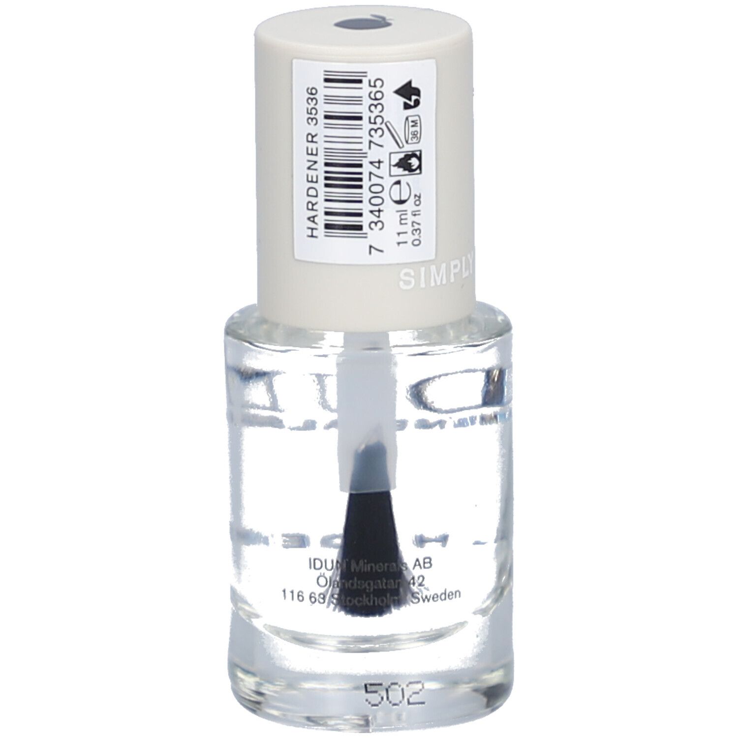 Flacon de durcisseur pour ongles transparent avec bouchon blanc. Inscription: IDUN Minerals, Nail Hardener. 11 ml, 0.37 fl oz. Code-barres.