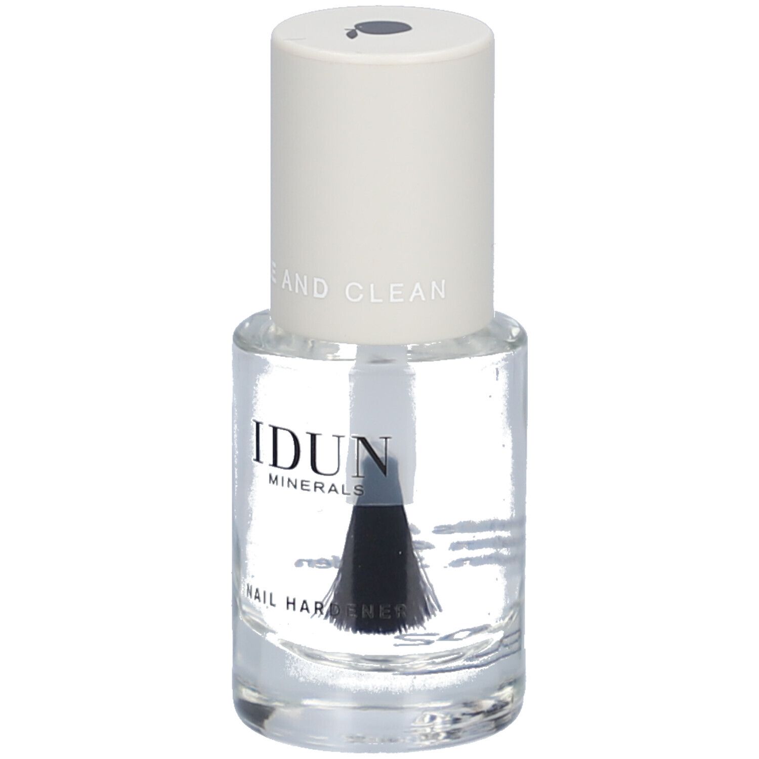 Flacon de durcisseur pour ongles transparent avec bouchon blanc. Inscription: IDUN Minerals, Nail Hardener. PURE AND CLEAN.