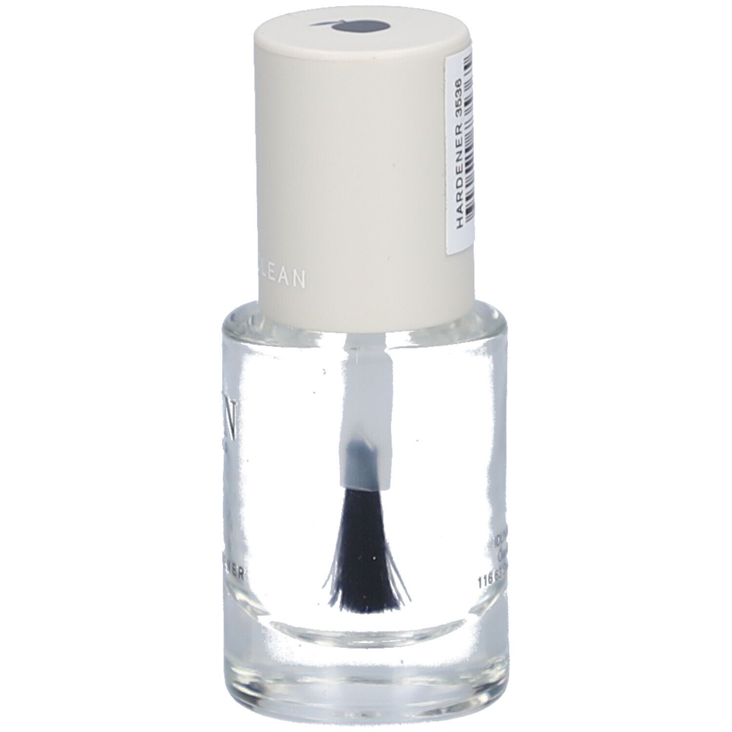 Flacon de durcisseur pour ongles transparent avec bouchon blanc. Inscription: IDUN Minerals, Nail Hardener. Code-barres.