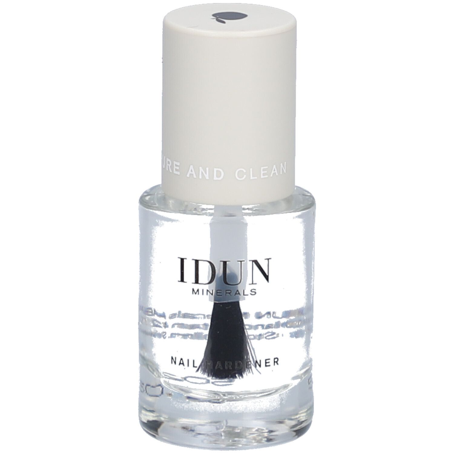 Flacon de durcisseur pour ongles transparent avec bouchon blanc. Inscription: IDUN Minerals, Nail Hardener. PURE AND CLEAN.