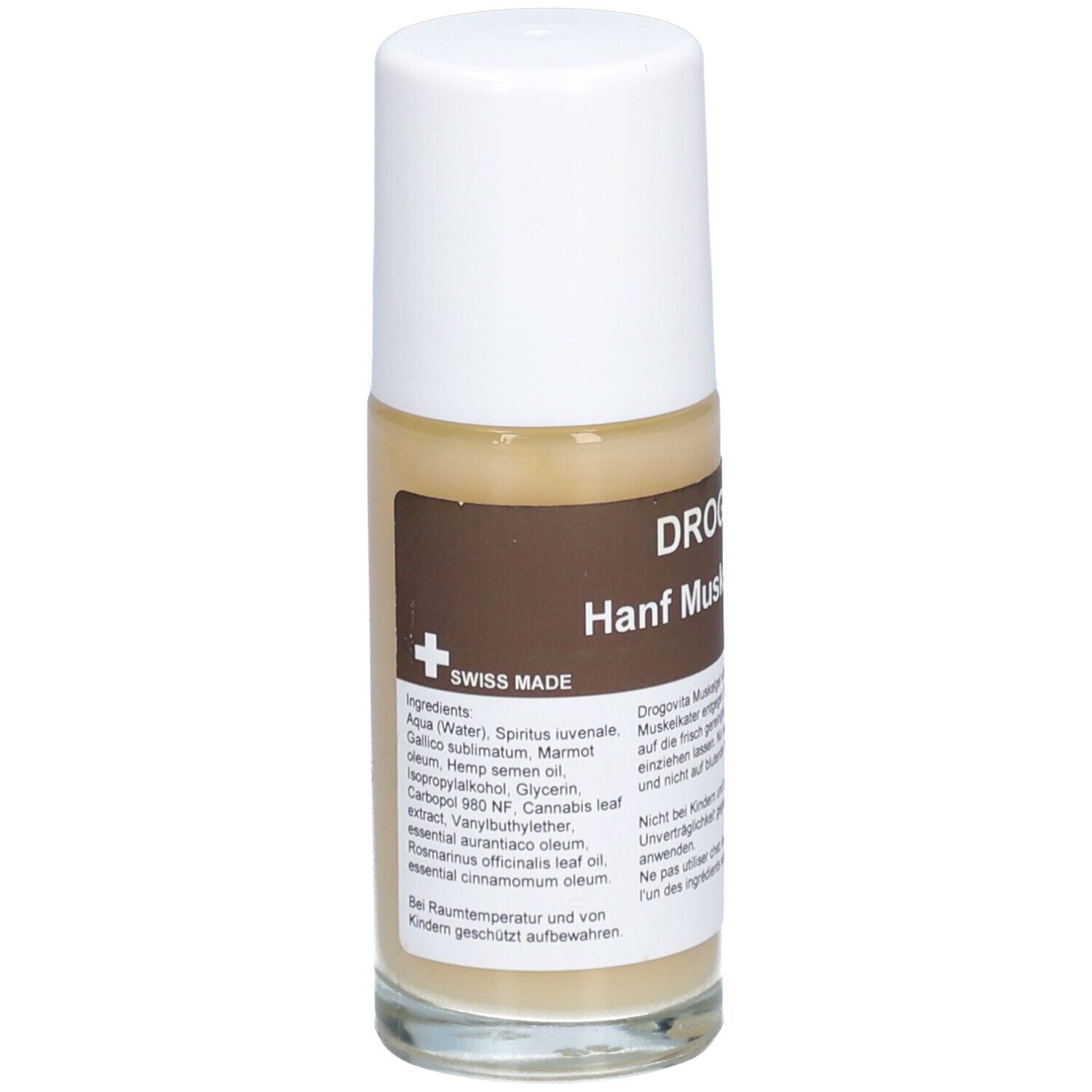 Flacon roll-on avec étiquette marron. Inscription: DROGOVITA Hanf Muskelgel. Bouchon blanc. Logo Swiss Made. Liste des ingrédients.