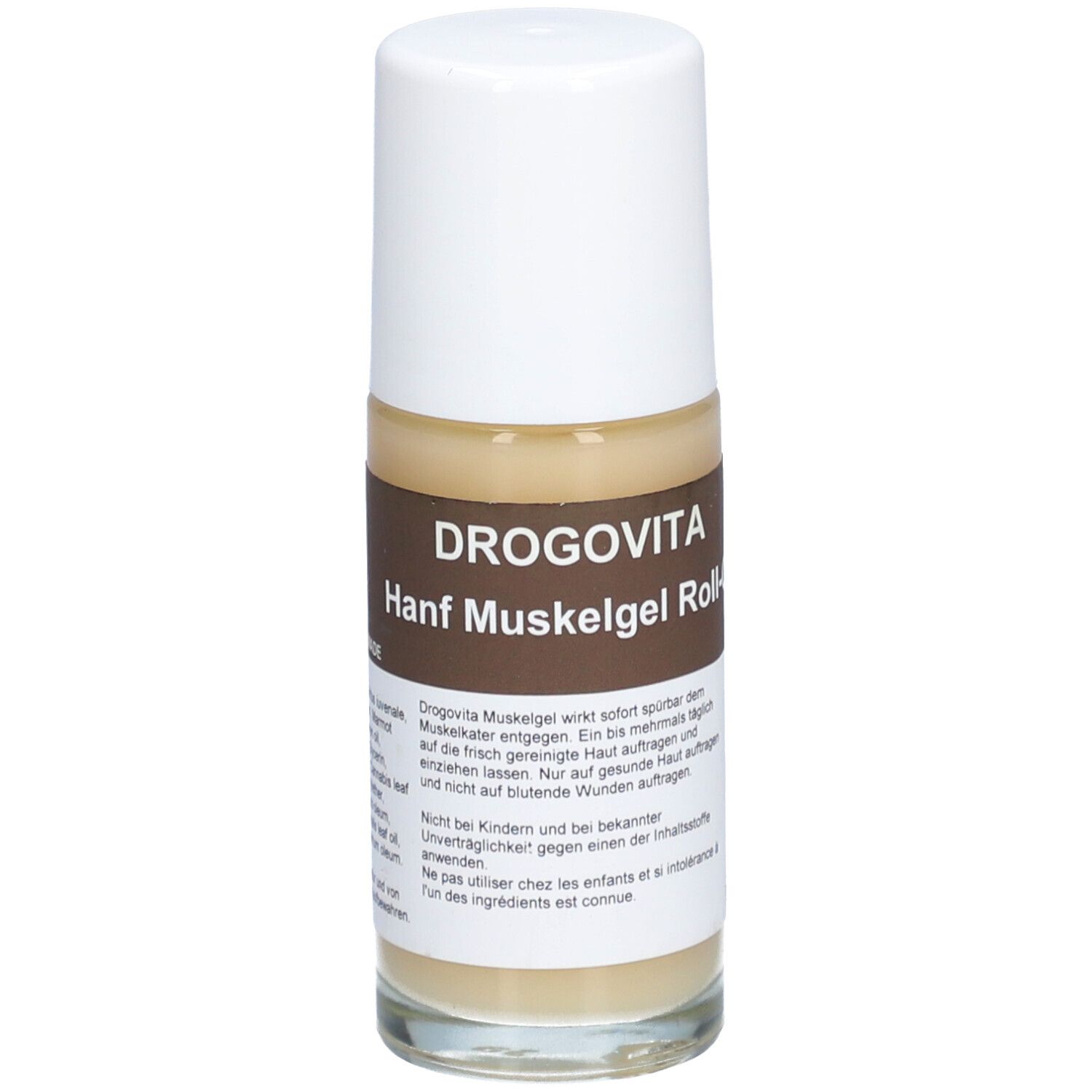 Flacon roll-on avec étiquette marron. Inscription: DROGOVITA Hanf Muskelgel Roll-on. Bouchon blanc. Liquide visible.