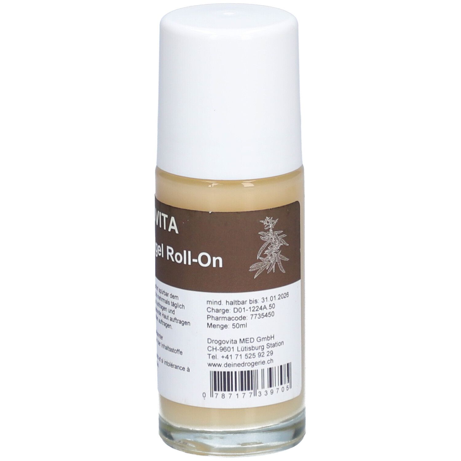 Flacon roll-on avec étiquette marron. Inscription: DROGOVITA Hanf Muskelgel Roll-on. Bouchon blanc. Détails de fabrication.