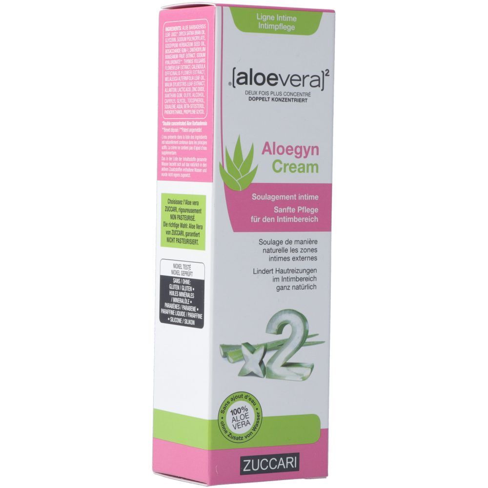 Emballage de la crème Aloegyn avec Aloe Vera et logo Zuccari.
