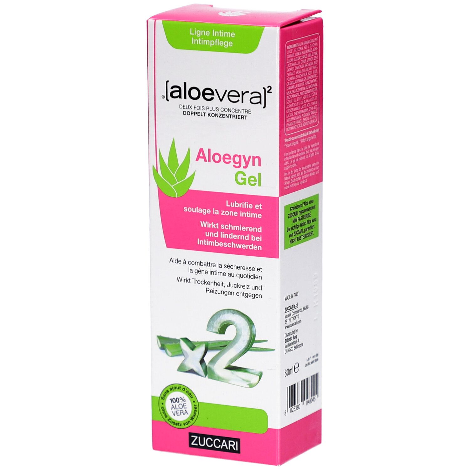 Boîte Zuccari Aloegyn Gel avec Aloe Vera, 80ml. Formule deux fois plus concentrée.
