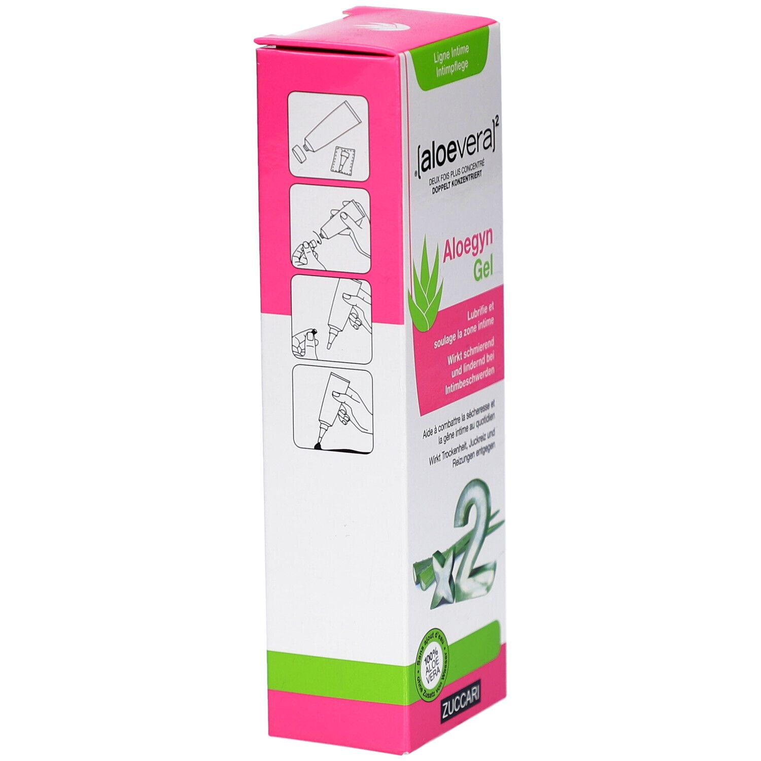 Arrière de la boîte Zuccari Aloegyn Gel avec instructions d'utilisation.