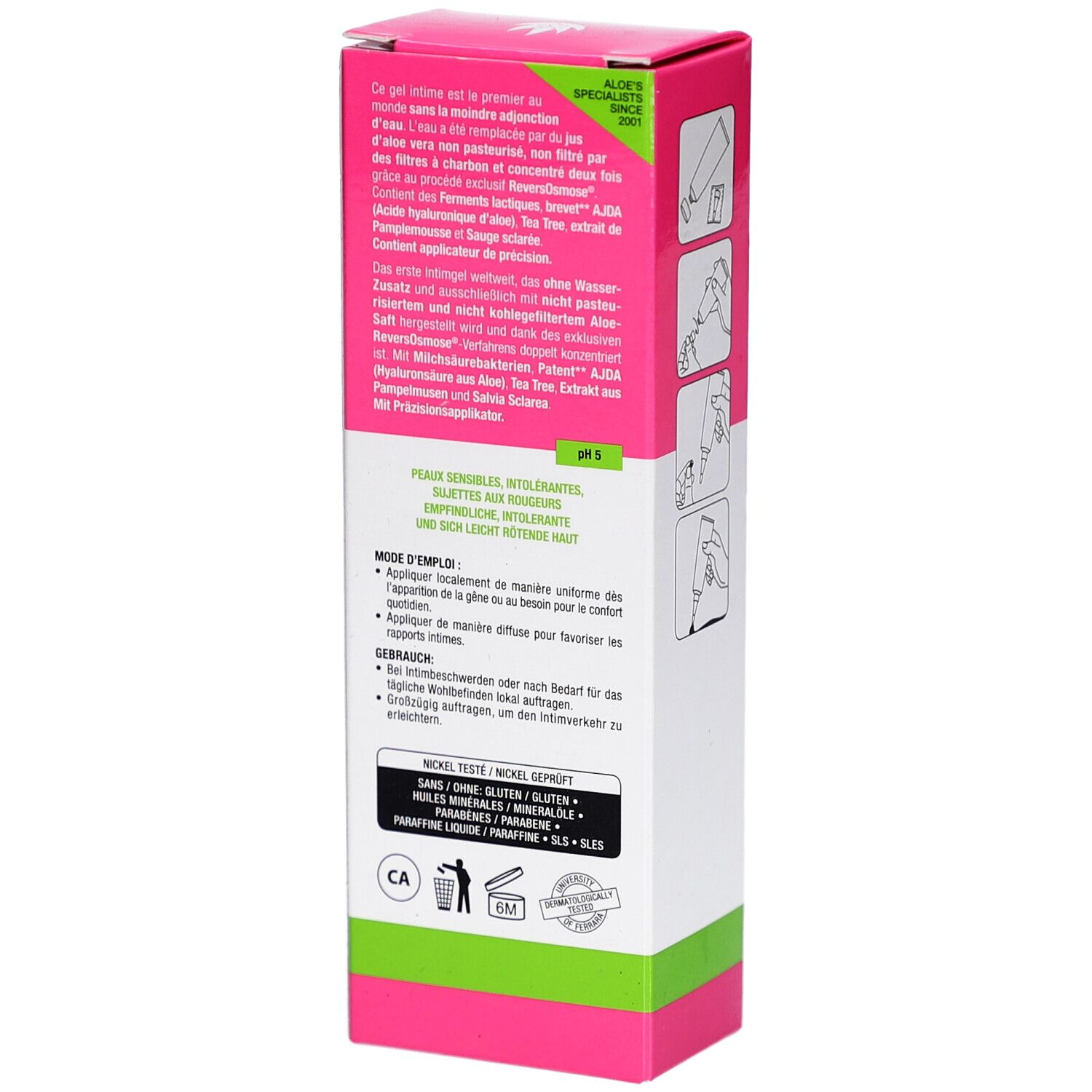 Vue latérale de la boîte Zuccari Aloegyn Gel avec ingrédients et pH.