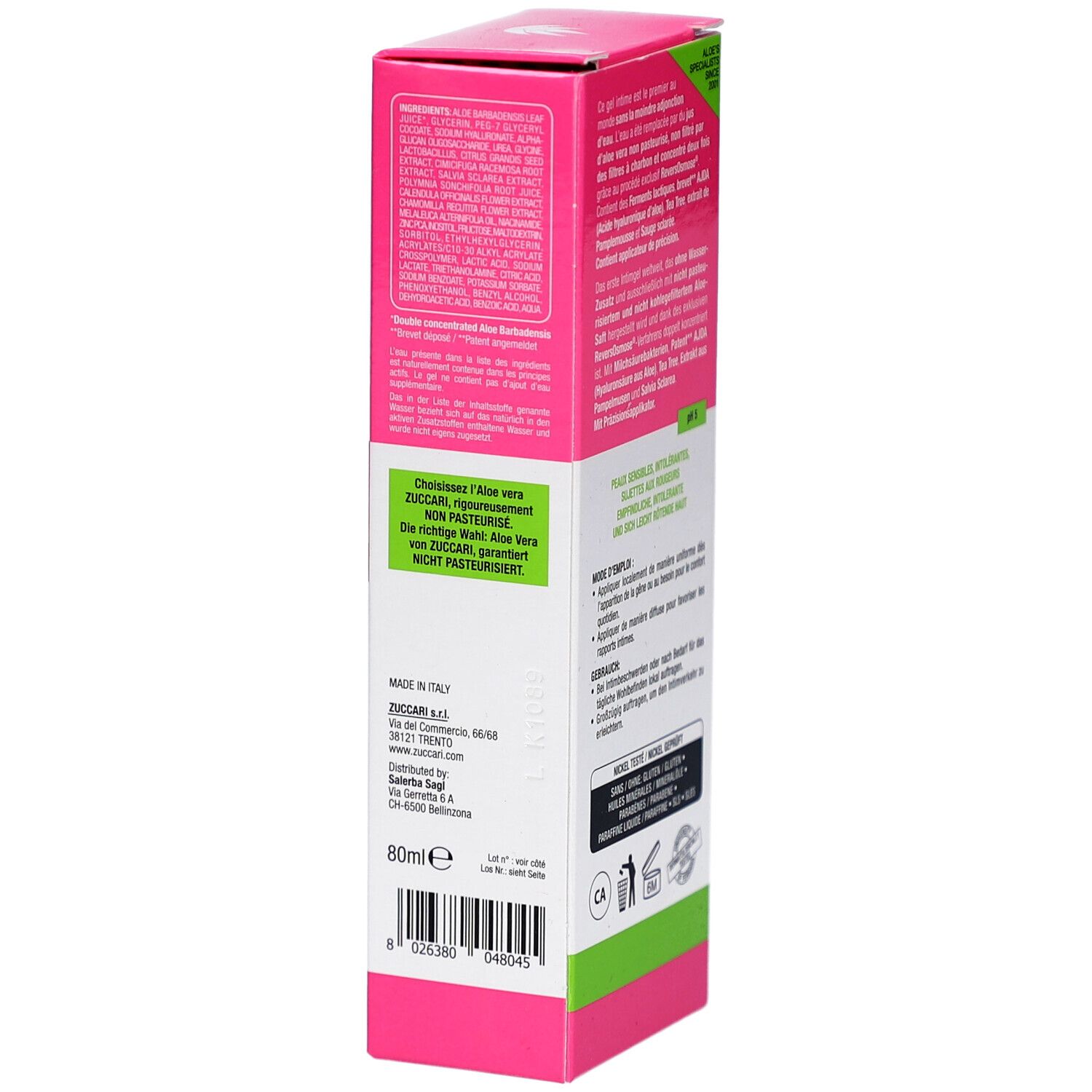 Vue latérale de la boîte Zuccari Aloegyn Gel avec liste des ingrédients et origine.