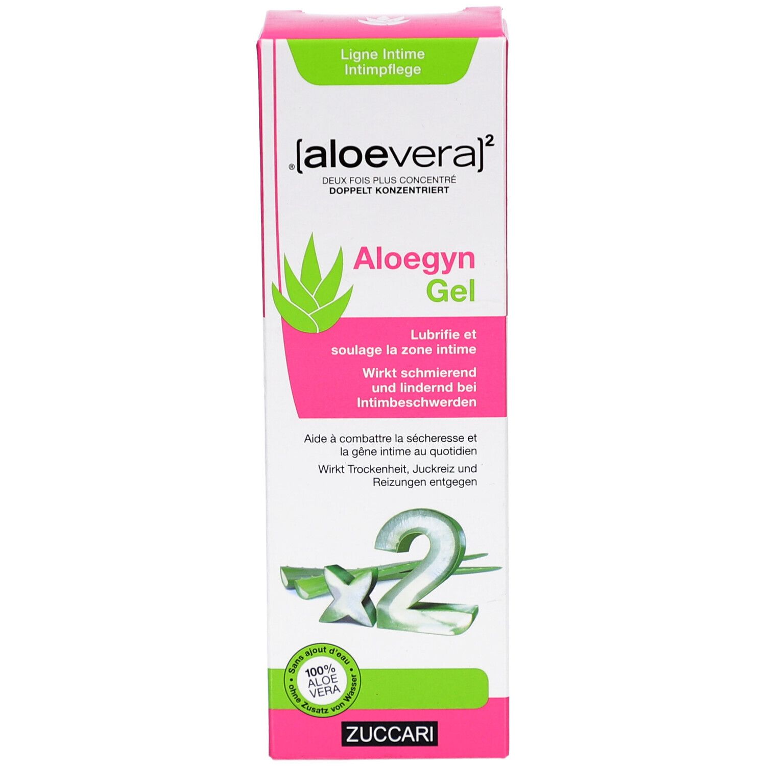 Face avant de la boîte Zuccari Aloegyn Gel avec Aloe Vera et formule concentrée.