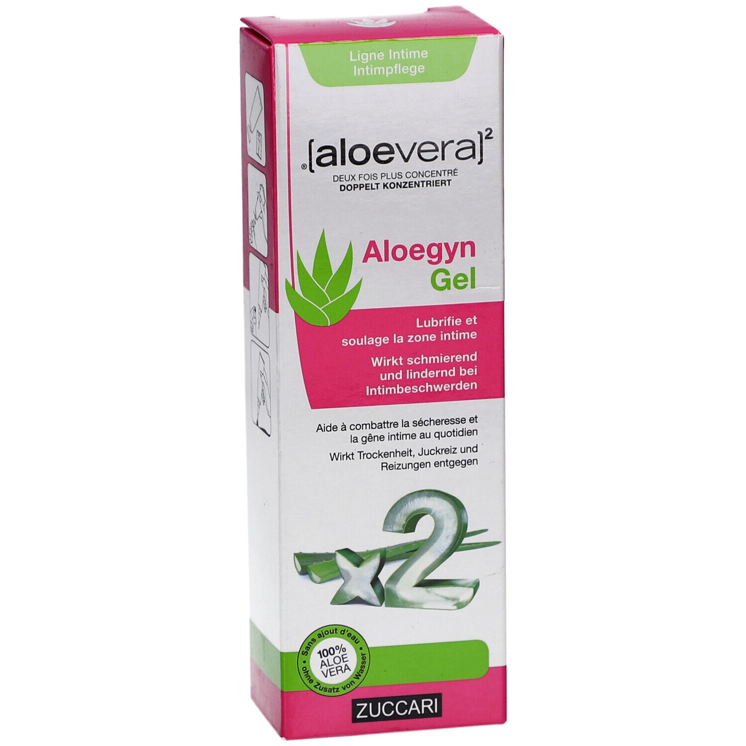 Boîte Zuccari Aloegyn Gel avec Aloe Vera, 80ml. Formule deux fois plus concentrée.