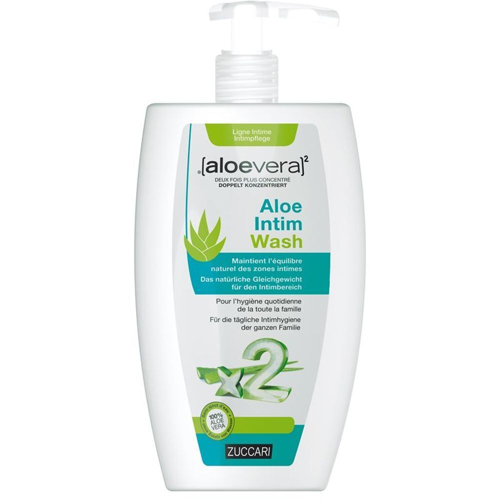 Flacon pompe blanc avec [aloevera]² Aloe Intim Wash. Pour l'hygiène intime quotidienne de toute la famille.