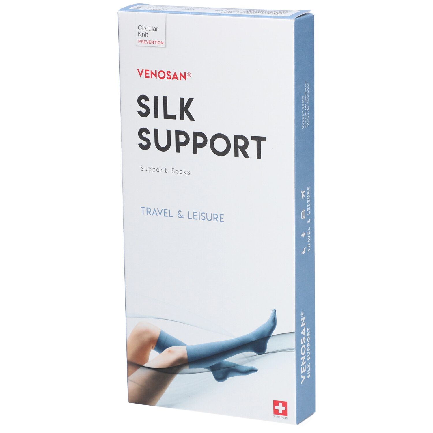 Boîte de bas de soutien Venosan Silk Support. Texte principal : SILK SUPPORT. Illustration : jambe avec bas.