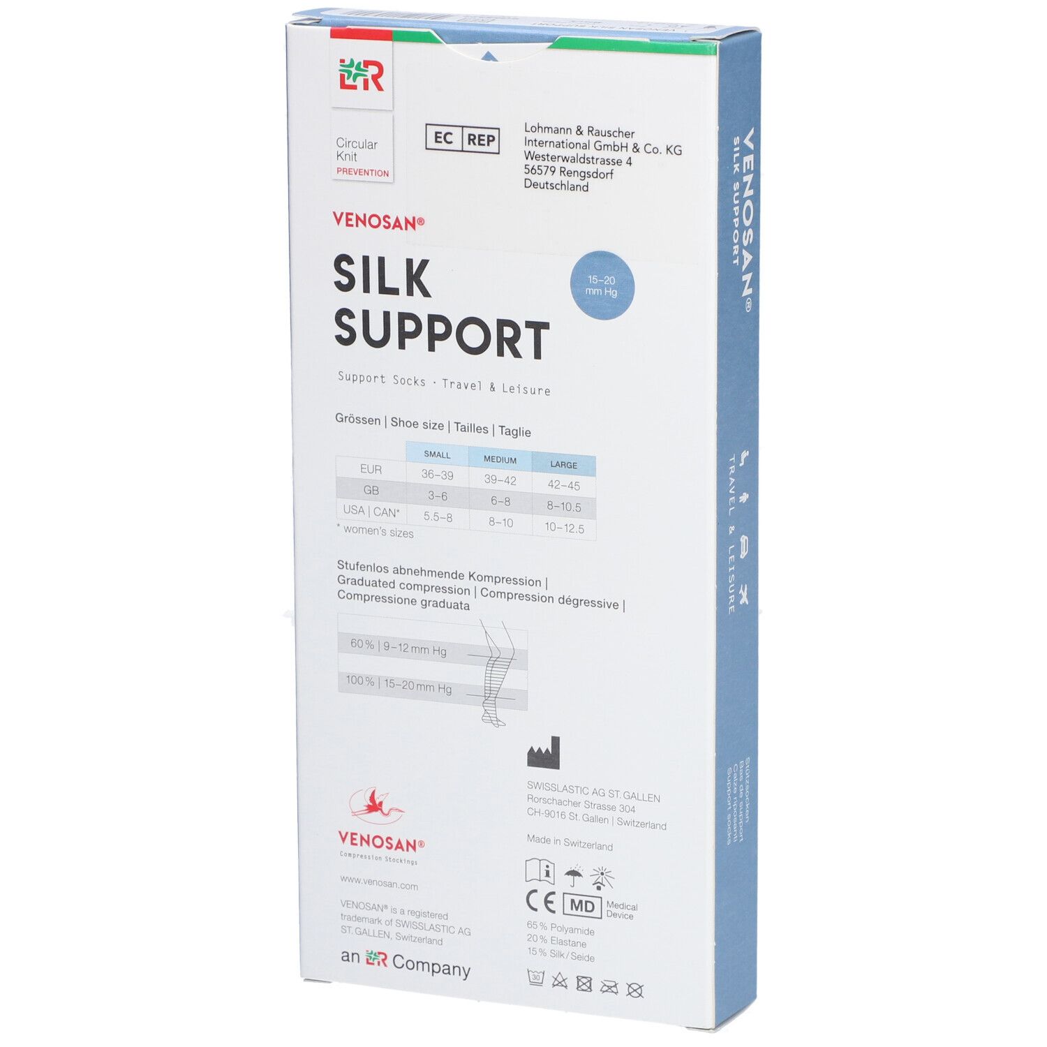 Emballage Venosan Silk Support. Texte : SILK SUPPORT, informations de taille. Logos : CE, MD. Informations sur la compression.