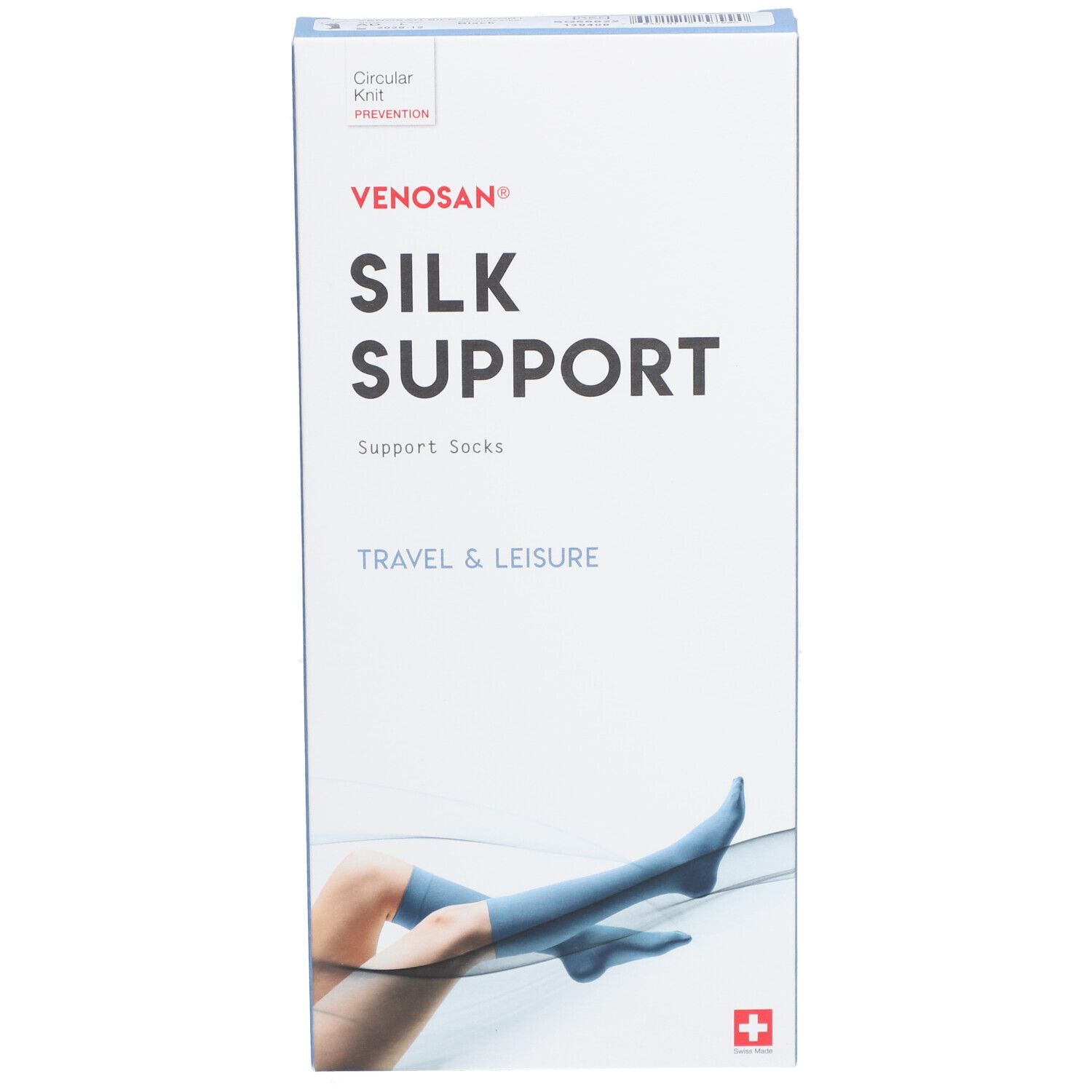 Boîte Venosan Silk Support. Texte principal : SILK SUPPORT. Illustration : jambe avec bas. Croix suisse.