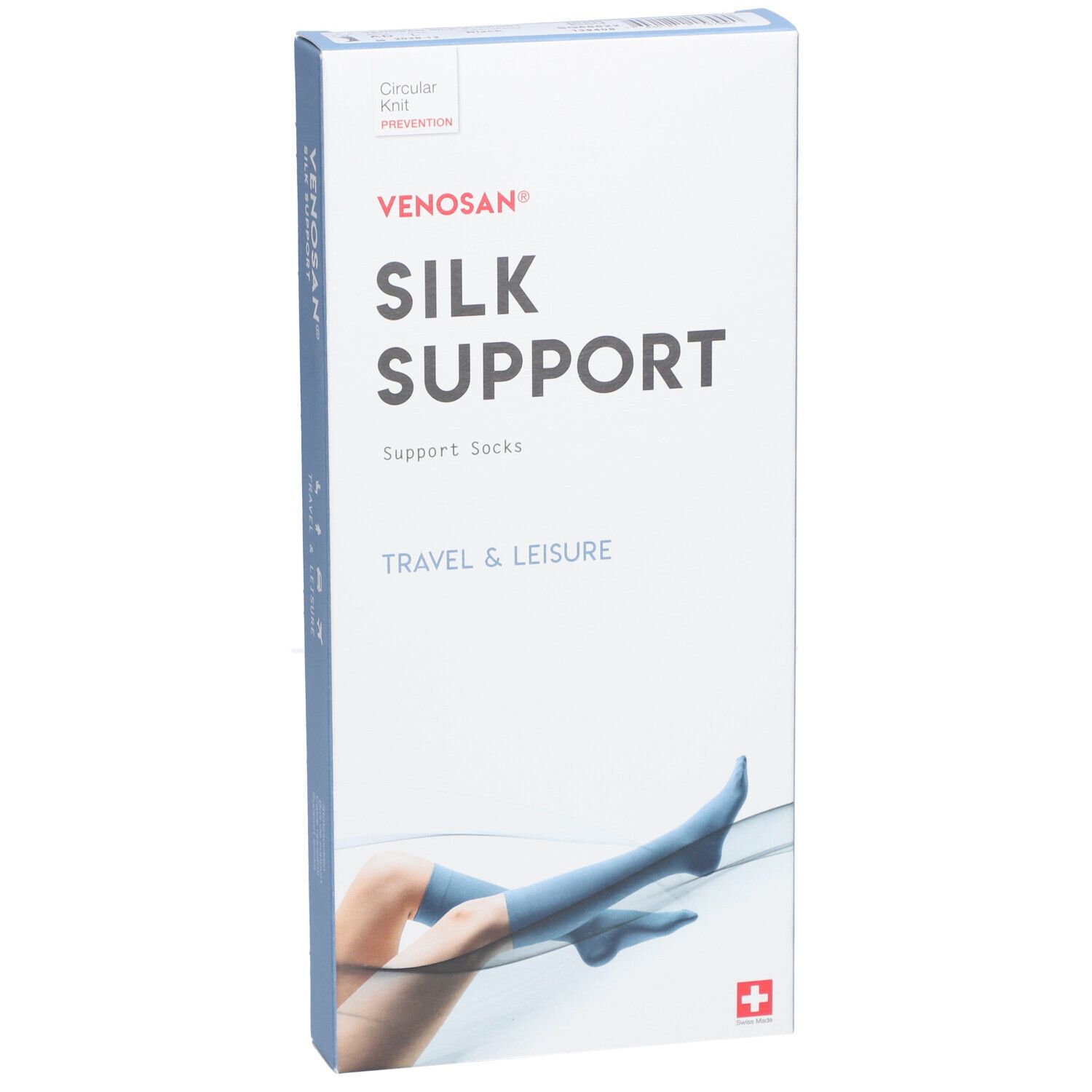 Boîte Venosan Silk Support. Texte principal : SILK SUPPORT. Illustration : jambe avec bas. Croix suisse.