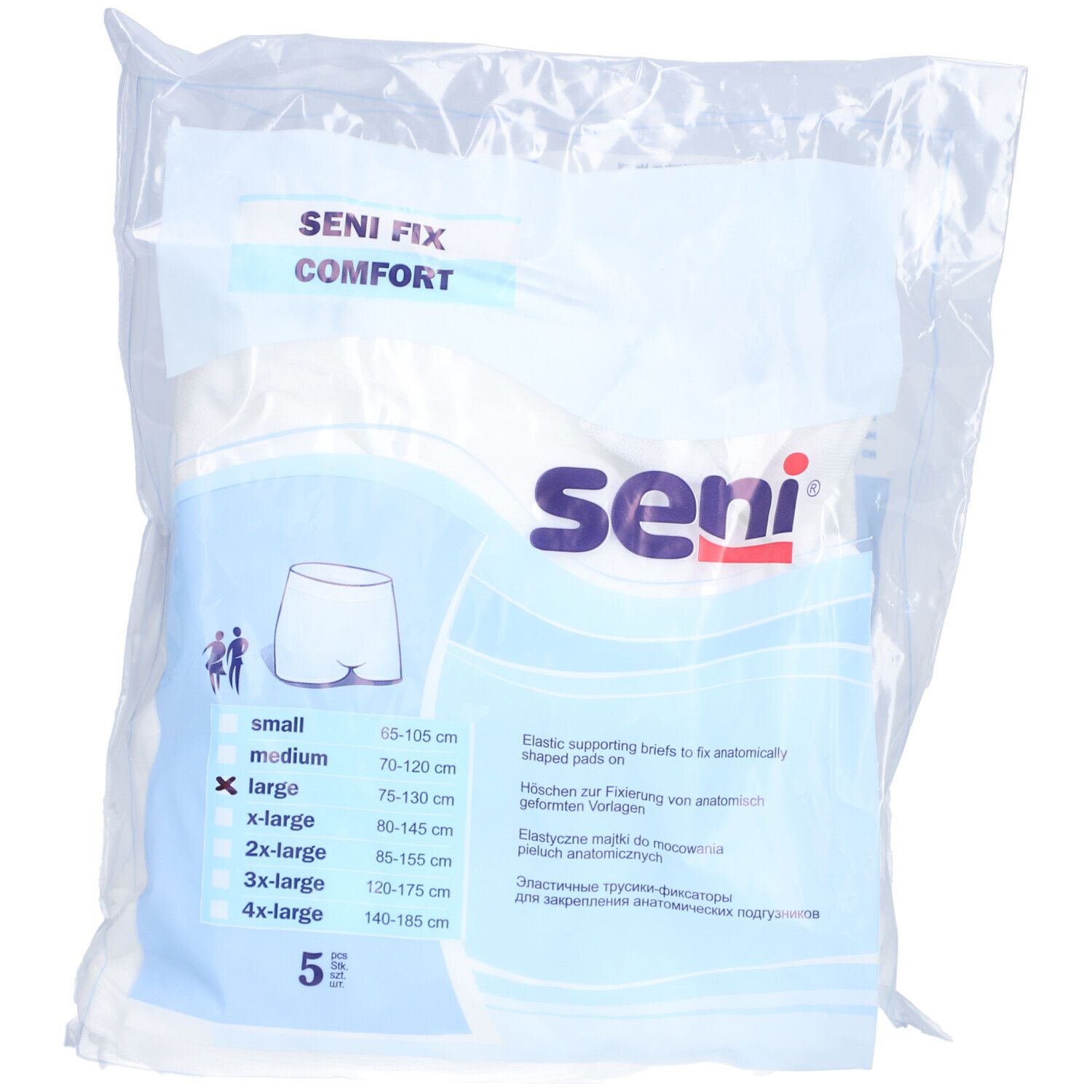 Emballage SENI Fix Comfort taille L. Culottes de fixation blanches dans un emballage plastique. Indications de taille et logo Seni.