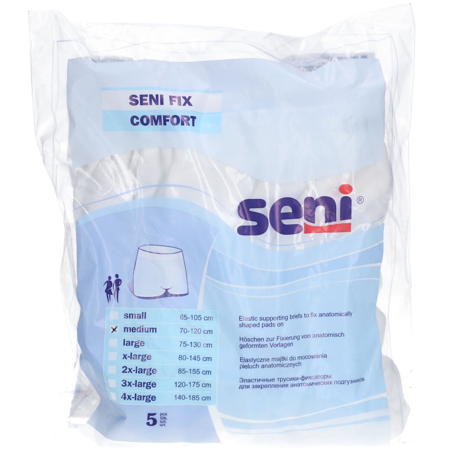 Paquet de SENI Fix Comfort. Tailles: petit à 4x-large. 5 pièces. Emballage plastique transparent.