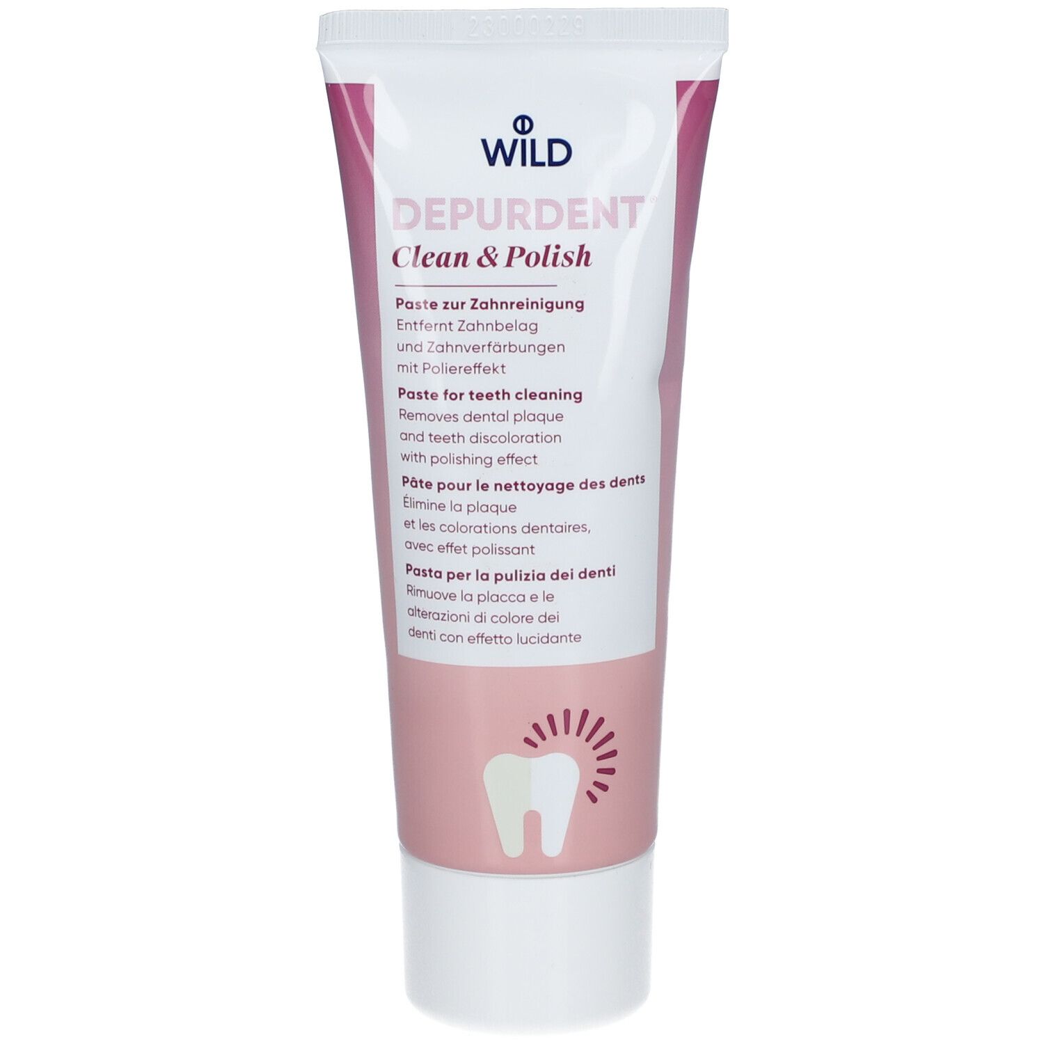 Tube de dentifrice avec nom du produit et informations. Design rose et blanc avec texte et symbole de dent.
