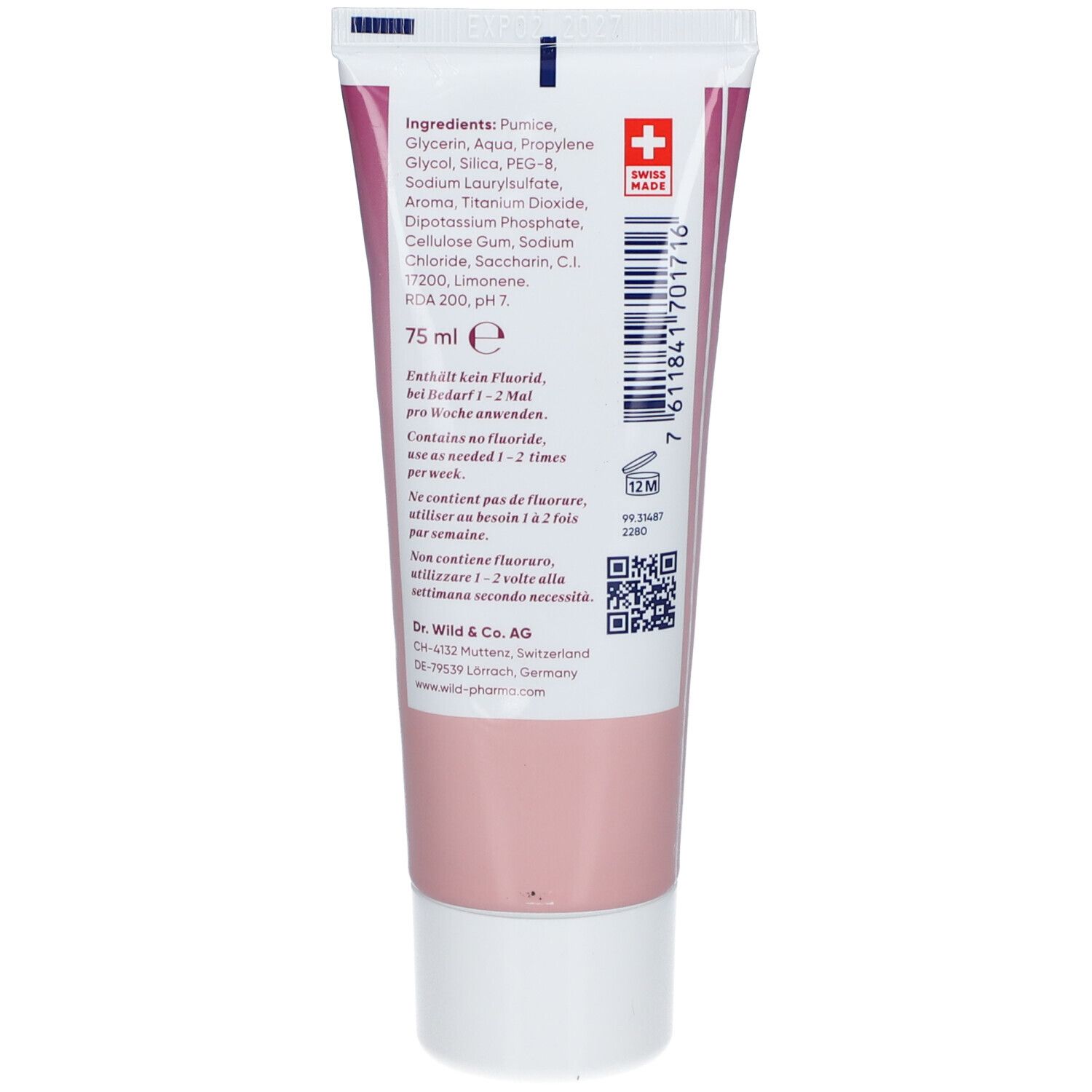Dos du tube de dentifrice avec ingrédients, croix suisse et indication de quantité 75 ml.