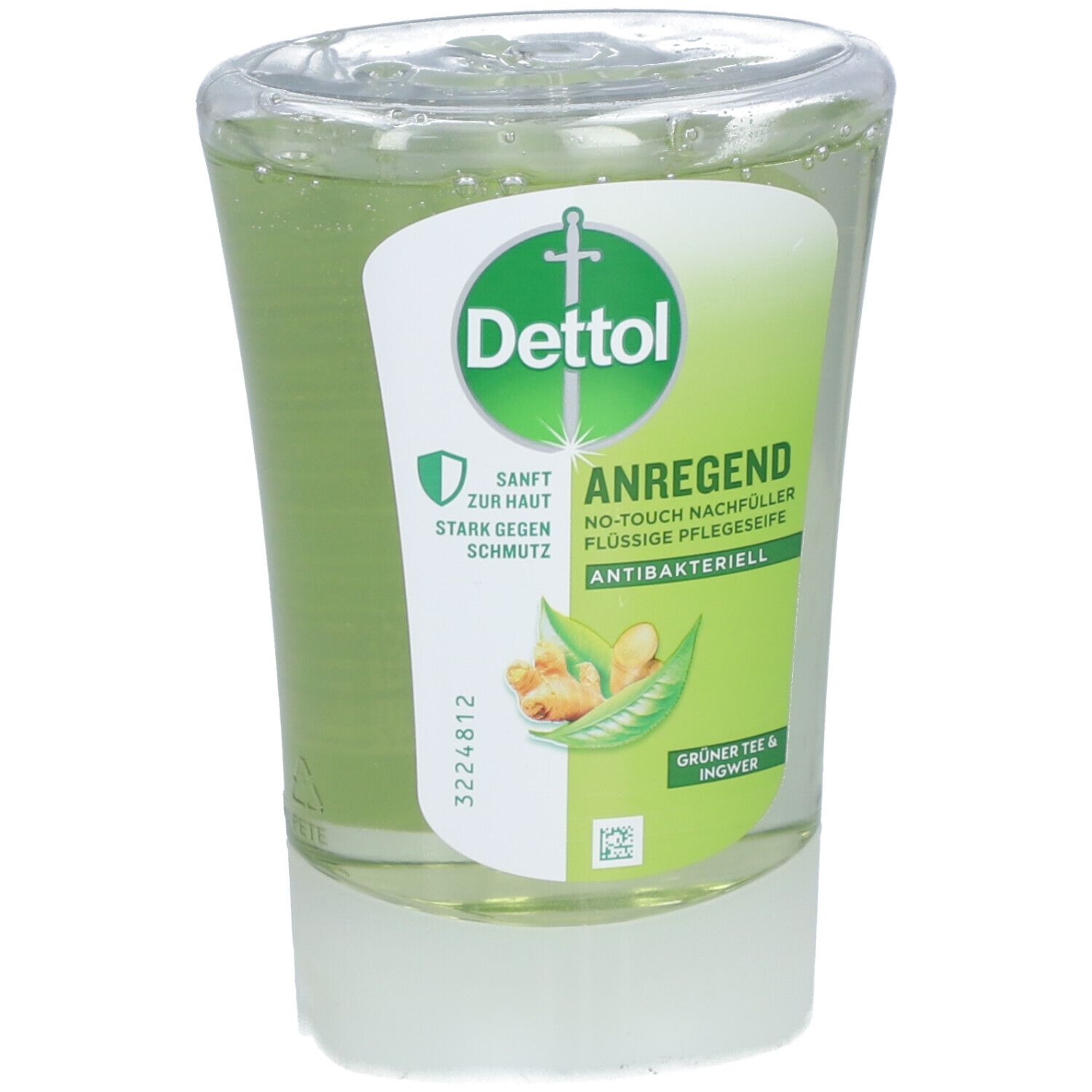 Recharge de savon liquide. Logo Dettol. Étiquette verte et blanche avec informations produit. Antibactérien. Thé vert & gingembre.