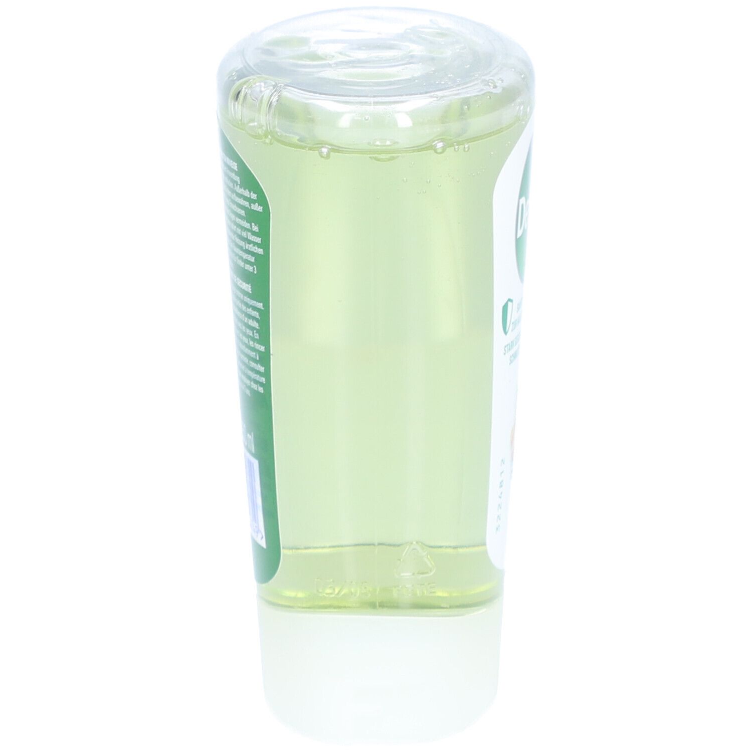 Recharge de savon liquide, flacon transparent. Vue latérale. Base blanche. Liquide vert visible.