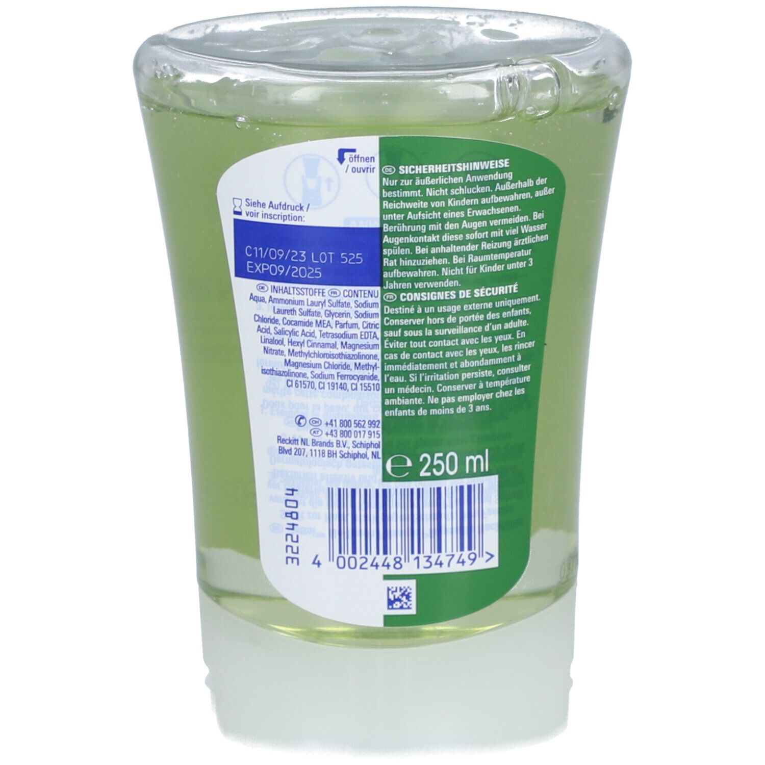 Dos de la recharge de savon liquide. Informations produit, ingrédients, avertissements. 250 ml.