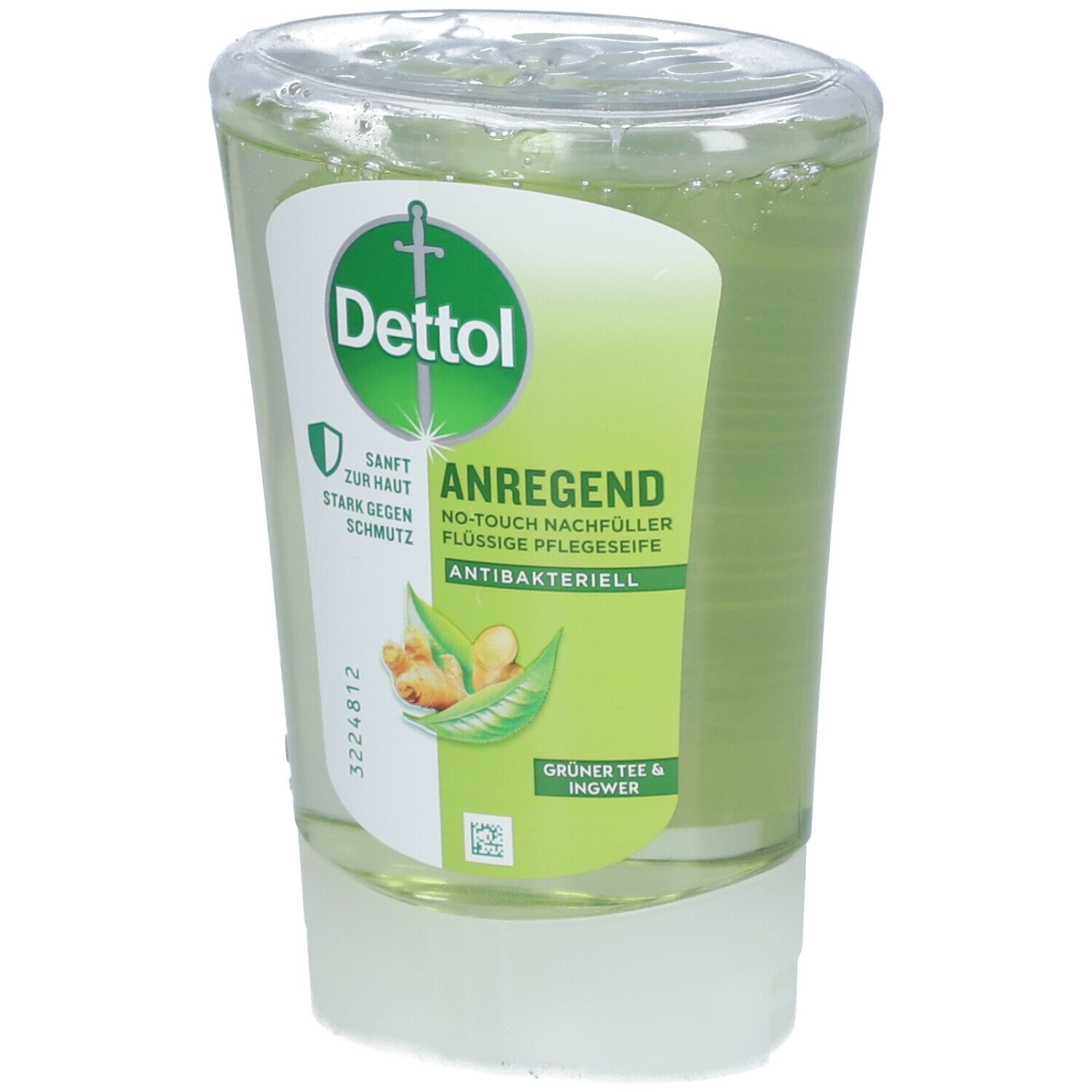 Recharge de savon liquide. Logo Dettol. Étiquette verte et blanche avec informations produit. Antibactérien. Thé vert & gingembre.