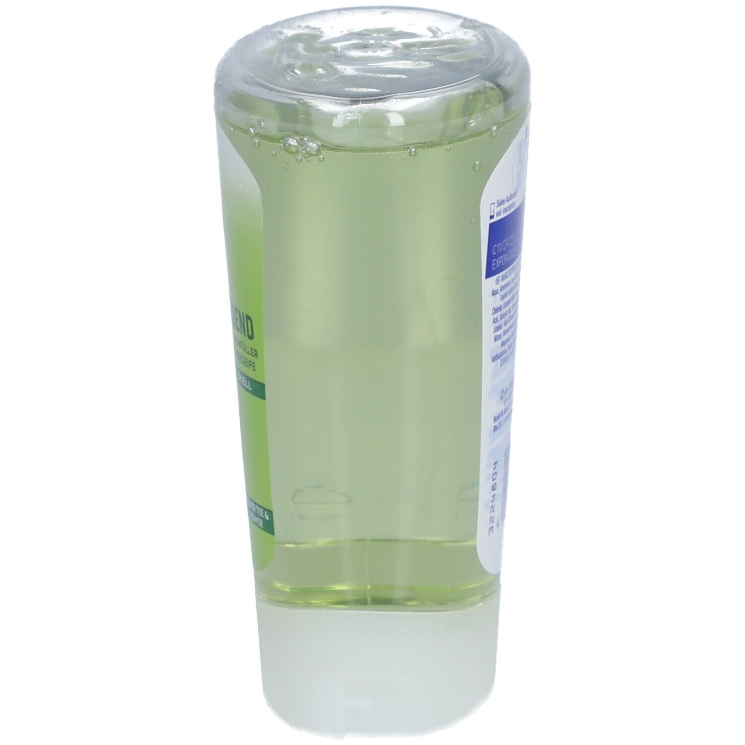 Recharge de savon liquide, flacon transparent. Vue latérale. Base blanche. Liquide vert visible.
