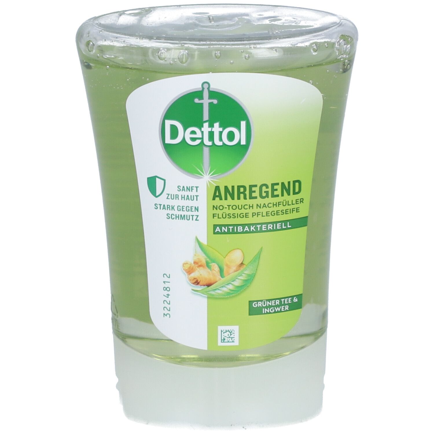 Recharge de savon liquide. Logo Dettol. Étiquette verte et blanche avec informations produit. Antibactérien. Thé vert & gingembre.
