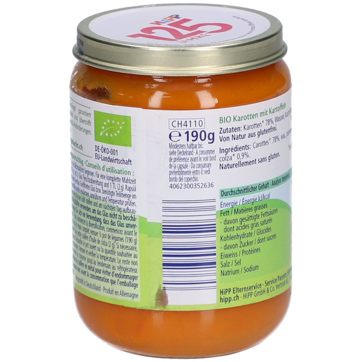 Dos du pot de purée HiPP Bio-Carottes-Pommes de terre. Étiquette avec ingrédients et informations nutritionnelles.