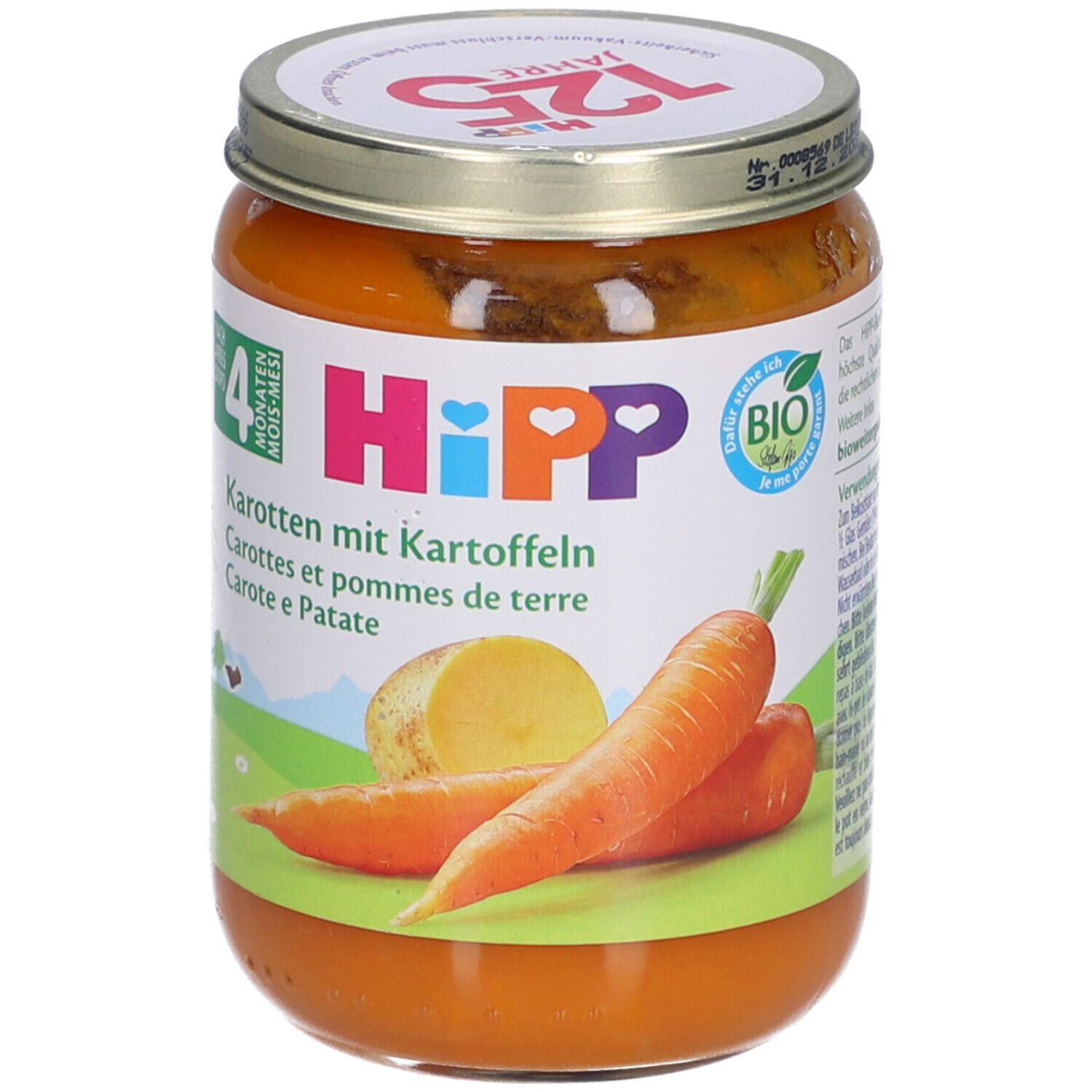 Pot de purée HiPP Bio-Carottes-Pommes de terre à partir de 4 mois. Étiquette avec illustrations de carottes et de pommes de terre.