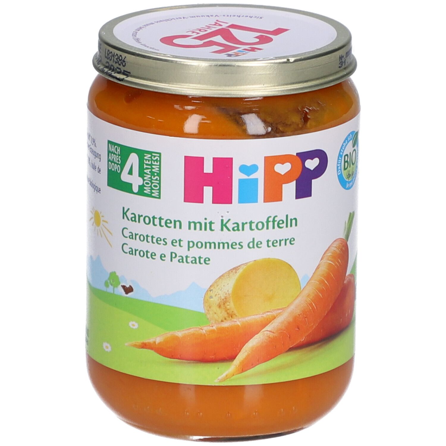 Pot de purée HiPP Bio-Carottes-Pommes de terre à partir de 4 mois. Étiquette avec illustrations de carottes et de pommes de terre.