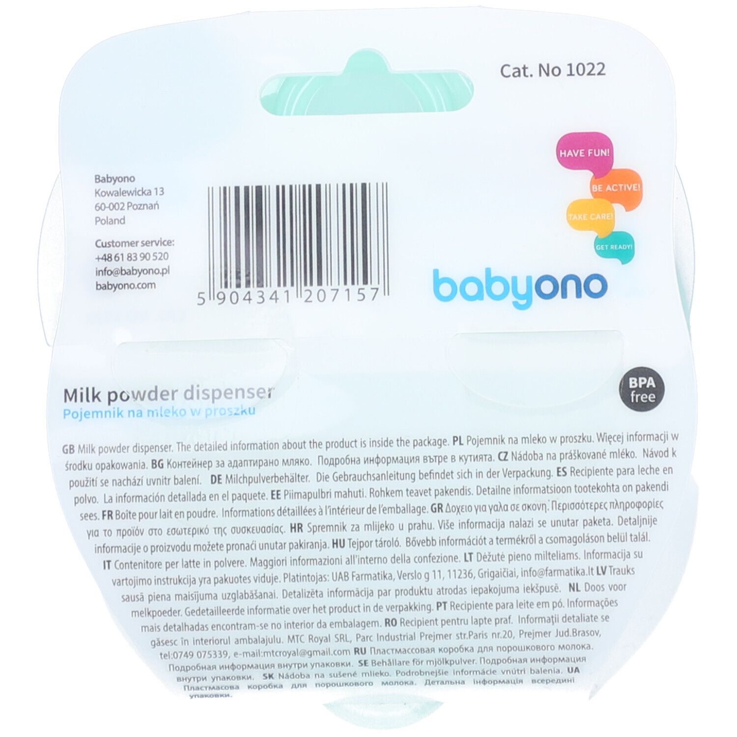 Emballage du distributeur de lait en poudre Babyono. Informations produit et code-barres au dos. Sans BPA.