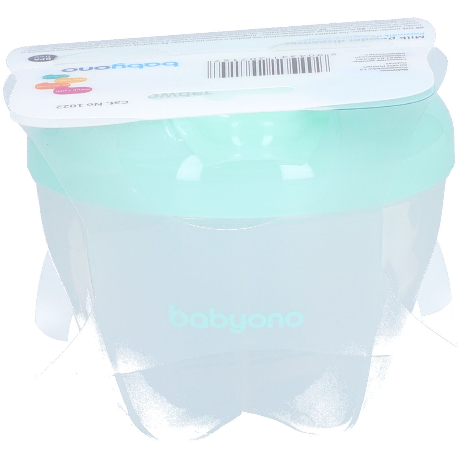 Distributeur de lait en poudre Babyono, transparent avec couvercle vert menthe. Emballé dans du film plastique.