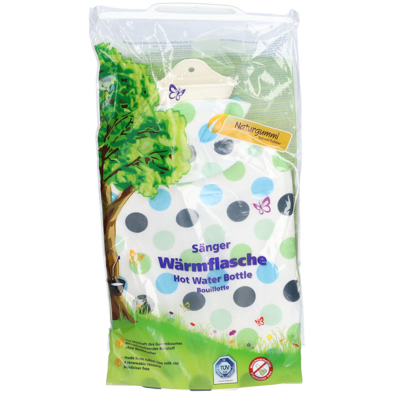 Bouillotte en emballage plastique. Caoutchouc naturel, housse en peluche à pois et papillons. Certification TÜV.