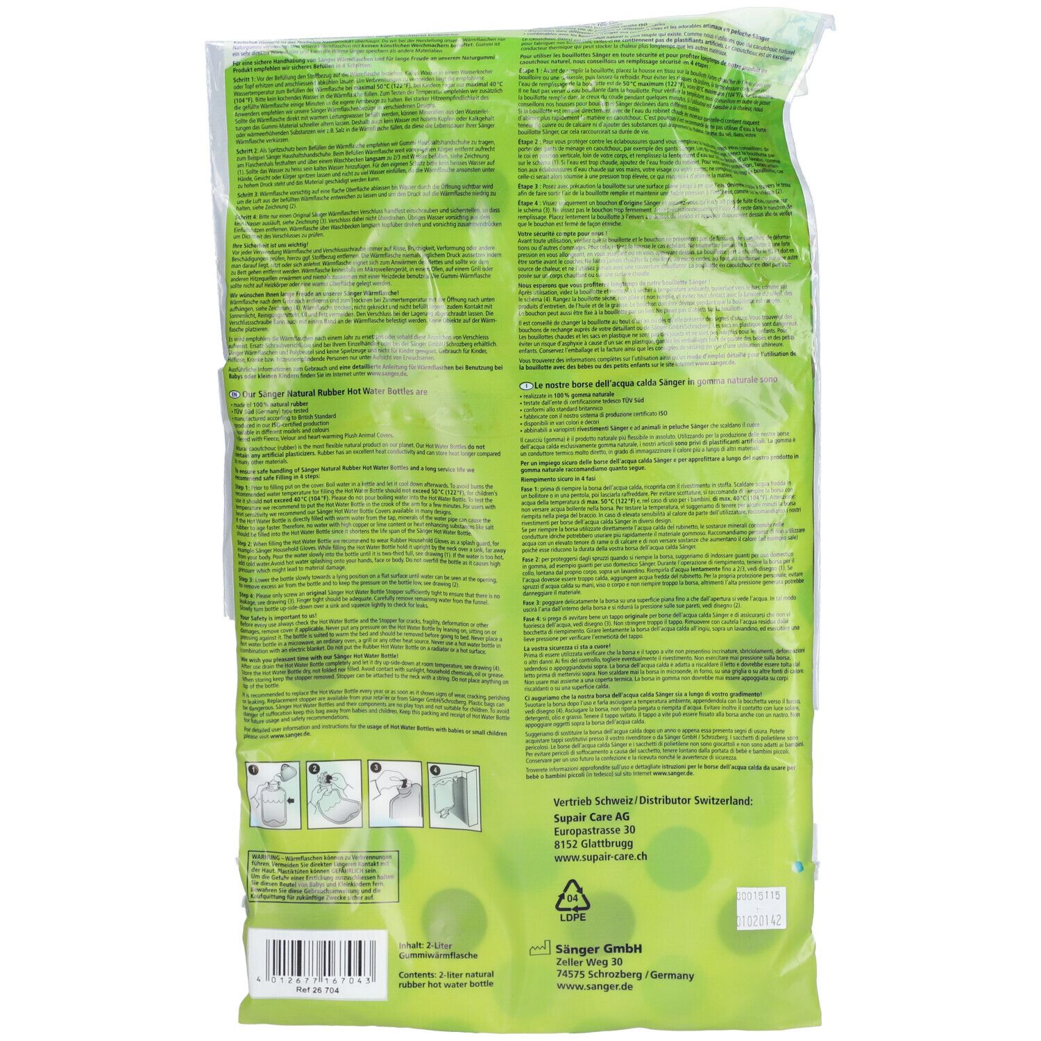 Dos de l'emballage. Texte en plusieurs langues. Informations du fabricant et symbole de recyclage.